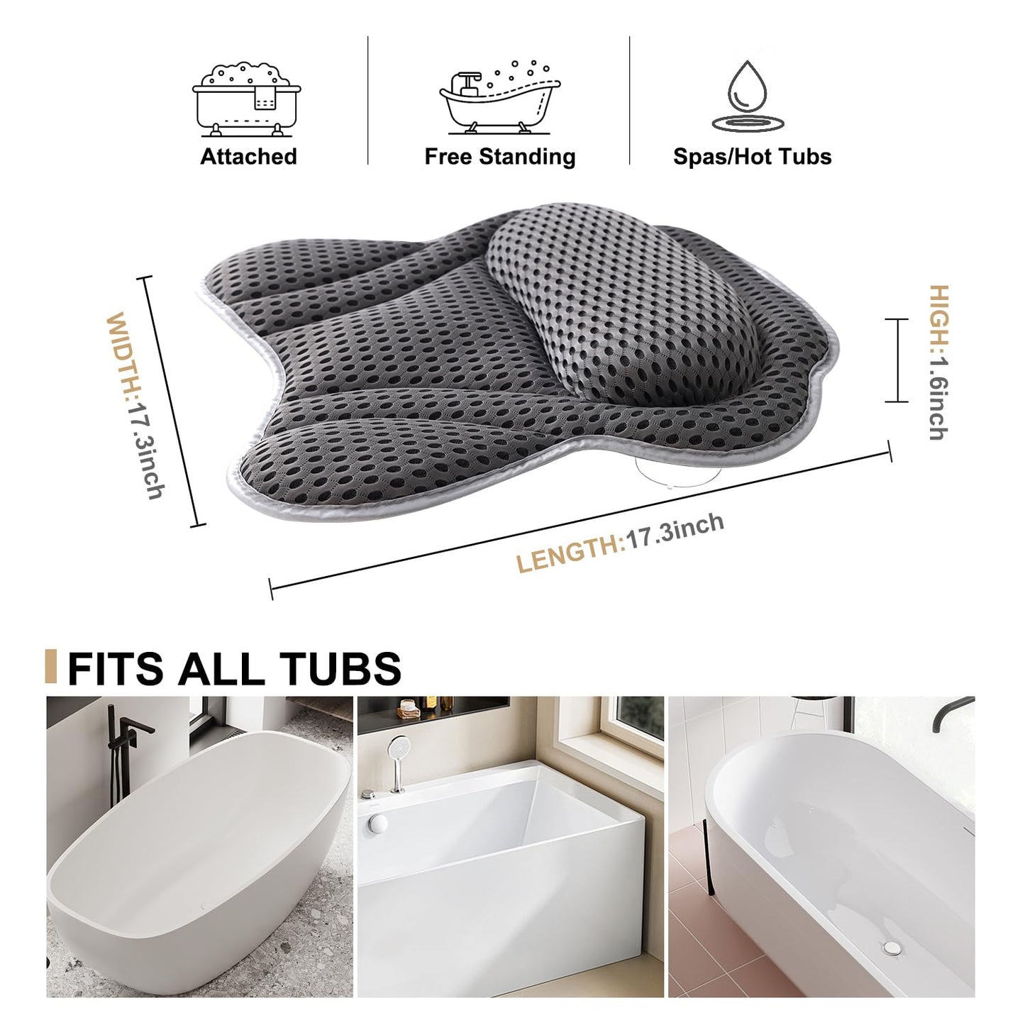 Bath Pillow Spa Bathtub Pillow with Non-Slip Suction Cups, Head, Neck, Back & Shoulder Rest Support, Soft & Luxury Bathtub Cushion, Bath Pillow Fit Hot Tub, Bathtub (Grey)