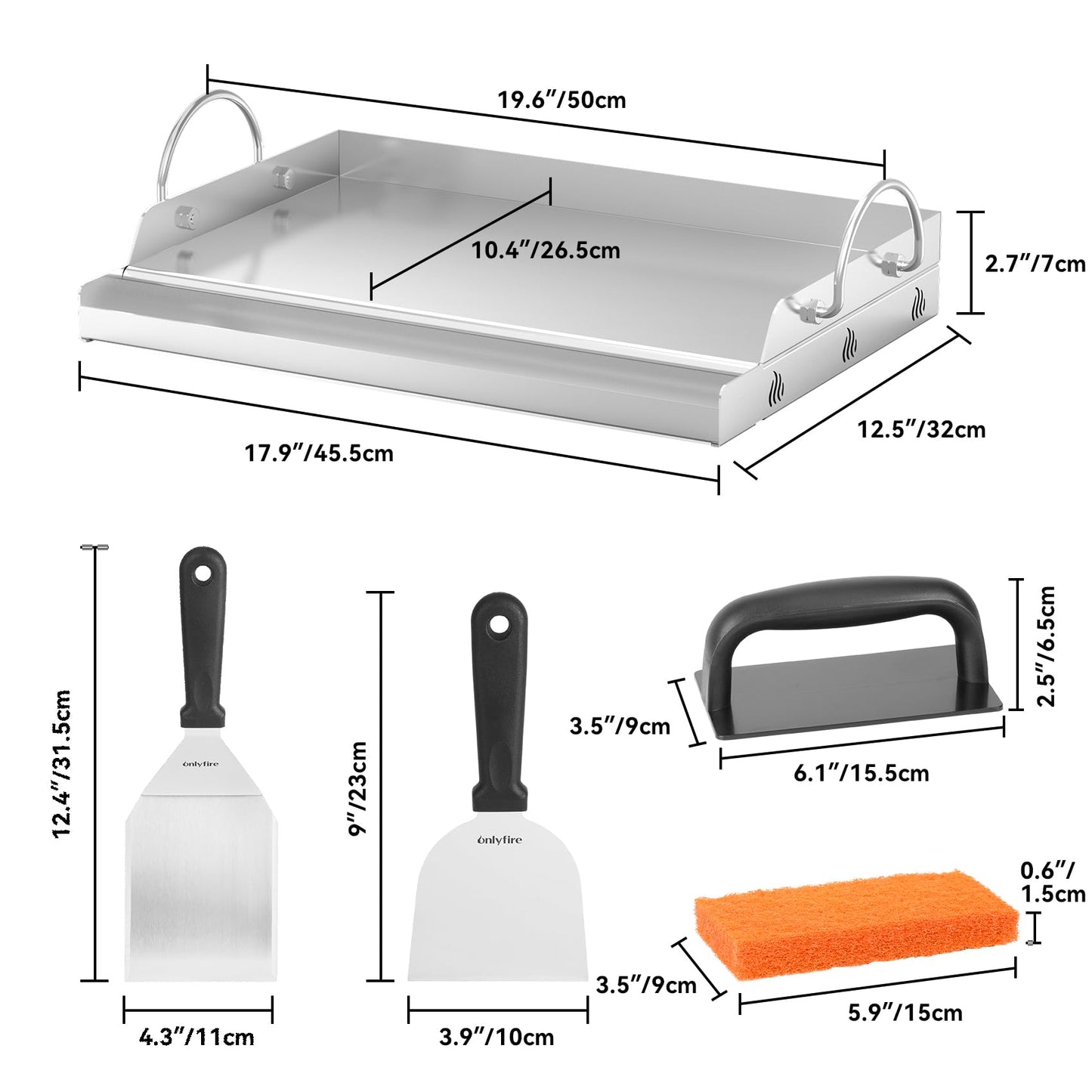 Onlyfire Griddle and Cooking Tool Kit, 18"×12.5" Outdoor Flat Top Griddle Plate with BBQ Scraper, Spatula and Scouring Pad for Gas and Charcoal Grills