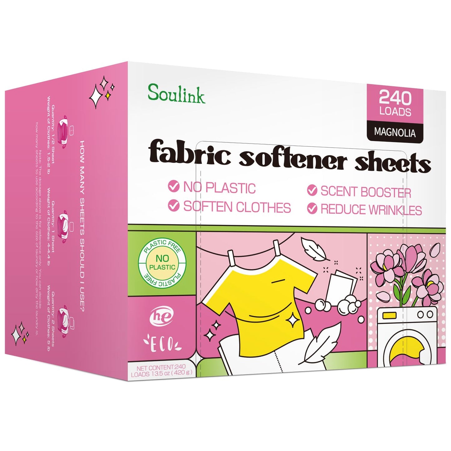 Soulink Fabric Softener Sheets for Washing Machine, No Plastic Jug Soap Strips, Alternative to Fabric Softener Liquid and Pods, Magnolia Scent, Up to 240 Loads
