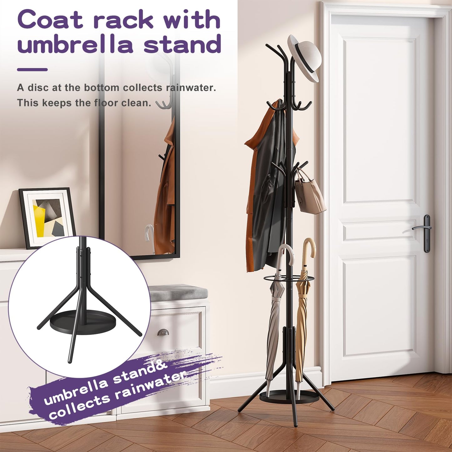Wieghda Metal Coat Rack with Umbrella Holder,Coat hanger Freestanding,Entryway Hanger Stand,Hall Tree With 12 Hooks,Black