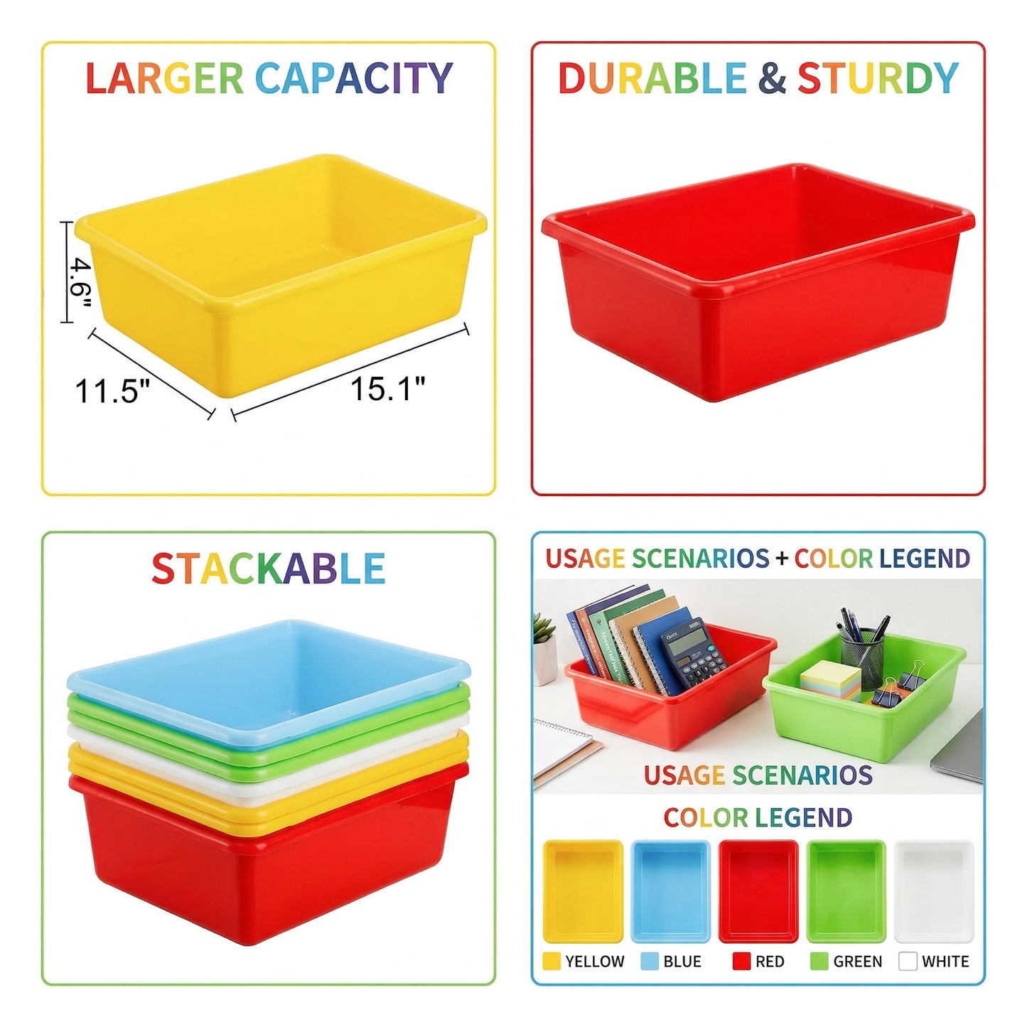 WUWEOT 5 Pack Large Storage Bins, 15" x 11.5" Plastic Stackable Classroom Organizer, Multipurpose Toy Basket for Classroom, Nursery, Playrooms and Home Organization
