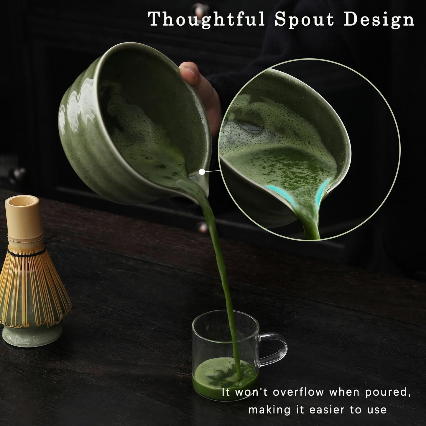 Buucup Matcha Whisk Set, Matcha Bowl with Spout, Matcha Whisk and Holder, Bamboo Matcha Scoop and Stainless Sifter - 5 Pcs Jade Green Matcha Kit for Matcha Lover
