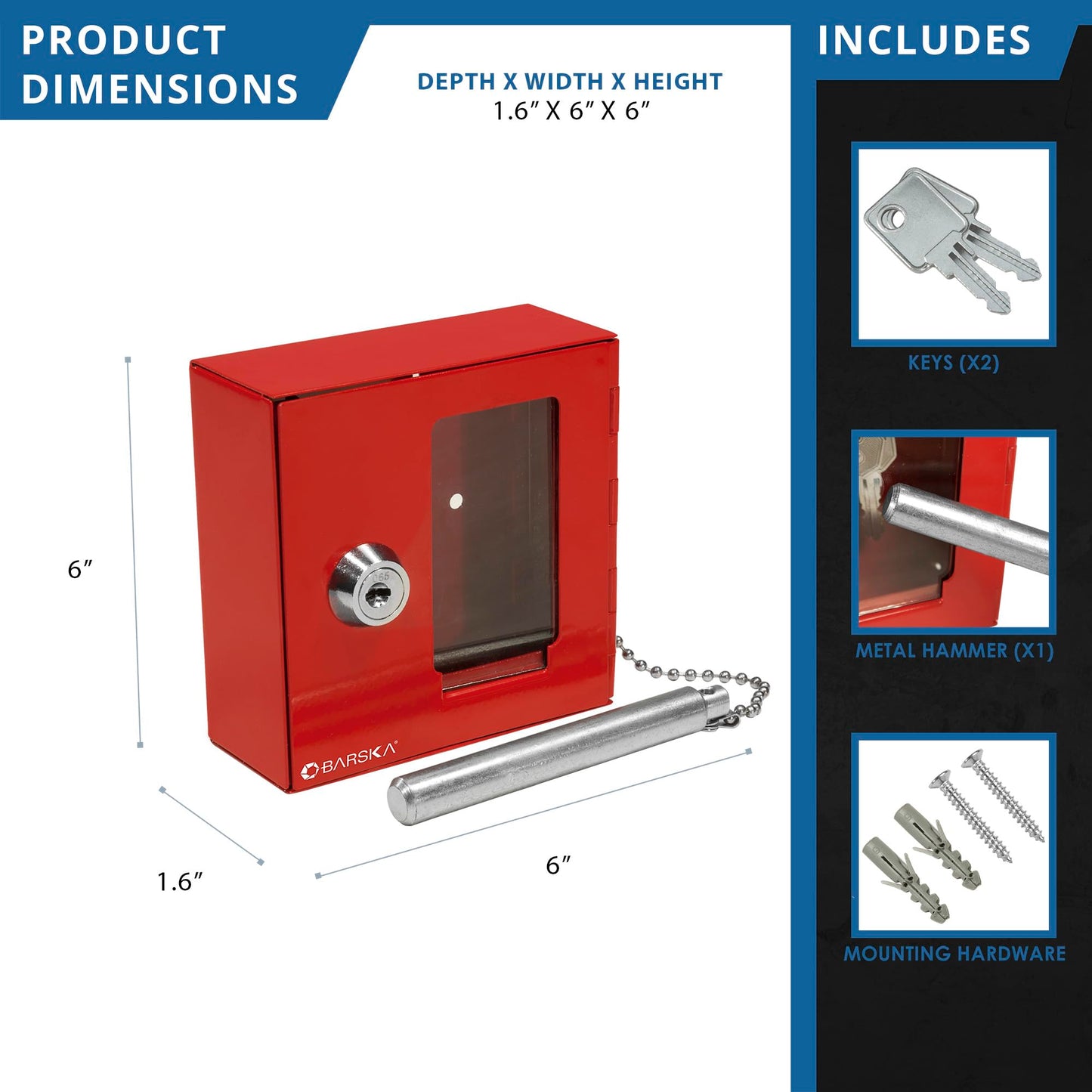 Barska AX11838 Breakable Emergency Key Box with Attached Hammer (Red)
