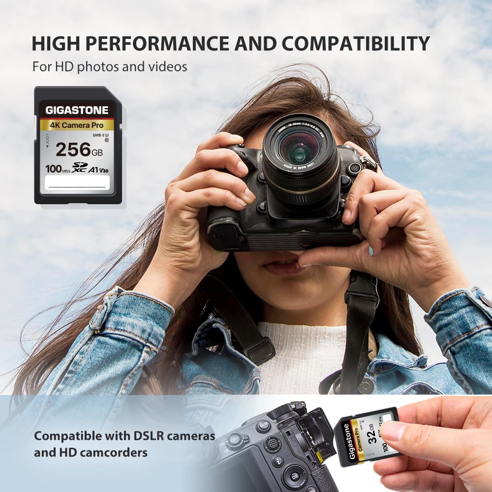 [5-Yrs Free Data Recovery] GIGASTONE 256GB SD Card, 4K Camera Pro, A1 V30 SDXC Memory Card 4K UHD Video Compatible with Canon Digital Camera, with 1 Mini Case