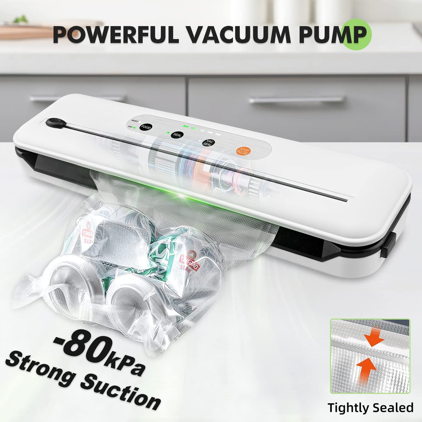Toprime Vacuum Sealer Machine VS6611, 80kPa Powerful Food Sealer Built-in Cutter with Sealing Bag and Hose, Vacuum Air Sealing System for Seal a Meal and Sous Vide (White)