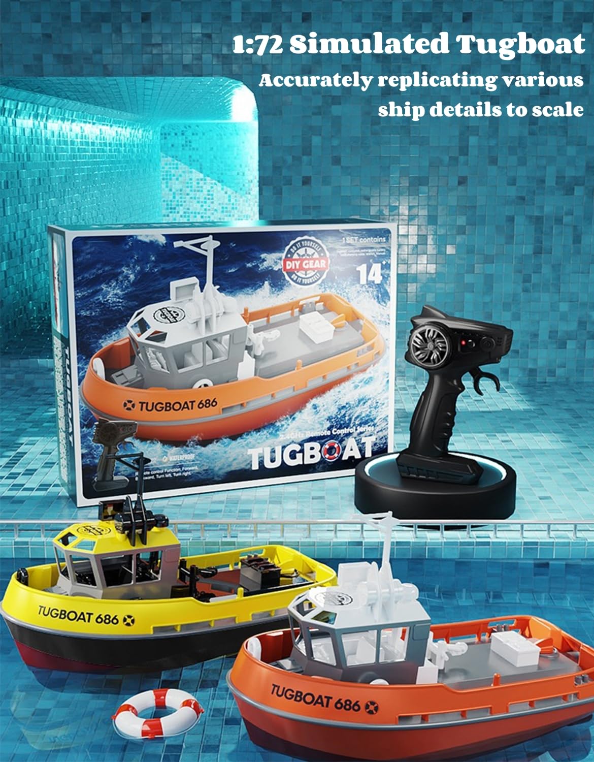Yoyoom RC Boat, 1/72 RC Tugboat for Pools and Lakes, 2.4Ghz High-Speed Remote Control Boat with LED Lights and Low Battery Alarm