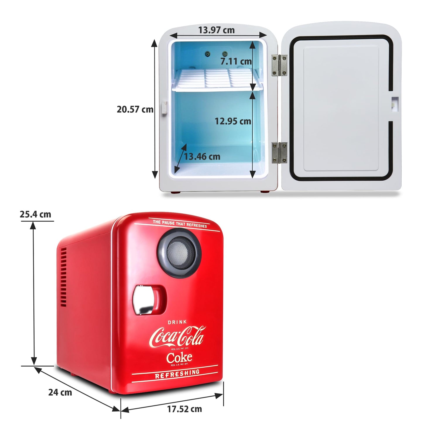 Coca-Cola 12V Portable Built in Speaker with 4L Mini Fridge, Compact Speaker and Personal Cooler/Warmer for Desk Office Dorm, Unique Gift for Music-Lovers and Students