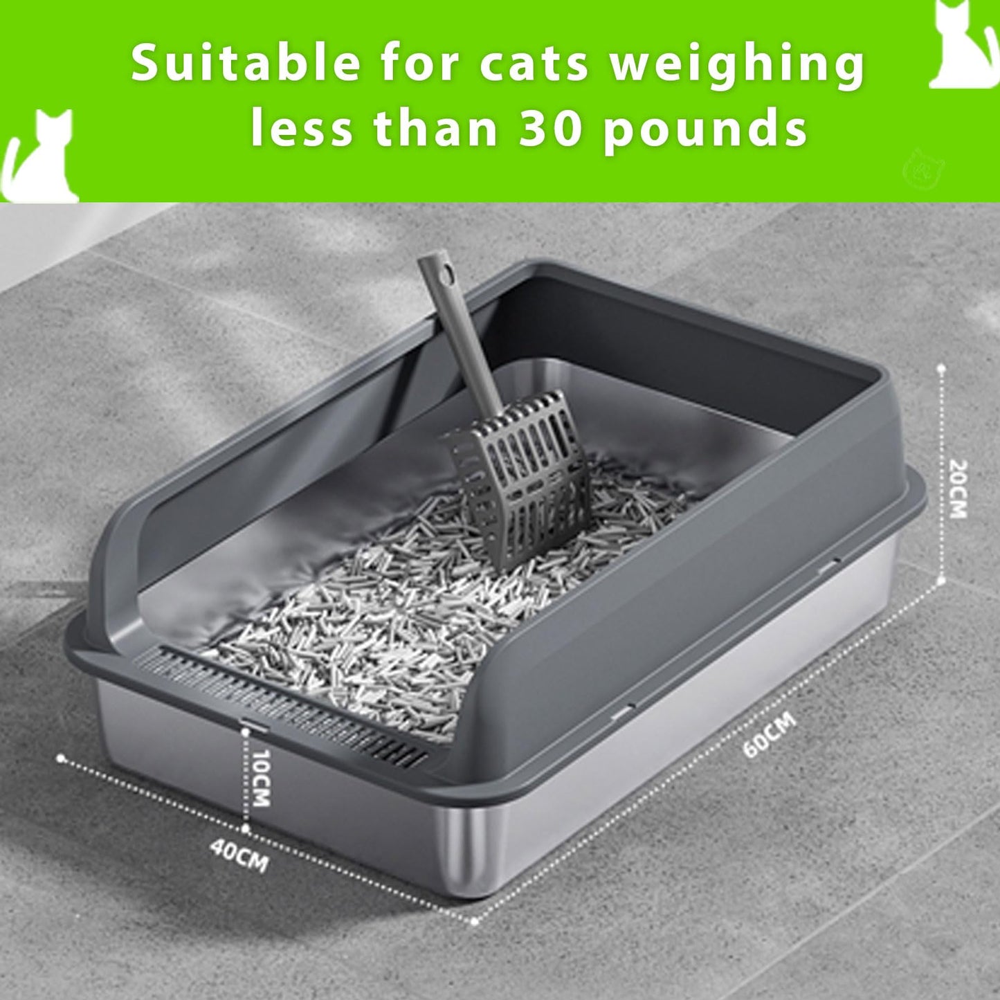 Gugxiom Stainless Steel Cat Litter Box, 60×40×20 cm Large Litter Box, Top Entry Design, with Scoop, Easy Cleaning