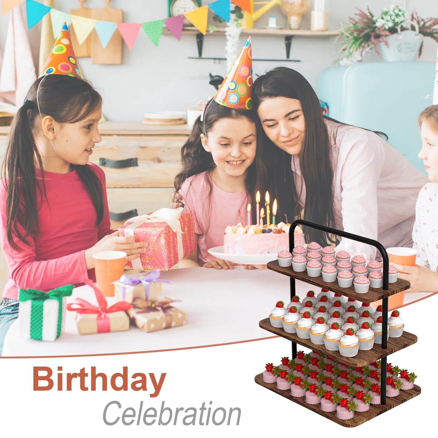 VyGrow Cupcake Stand, 3-Tier Dessert Stand for 71 Cupcakes, Wood & Metal Tower Display Premium Holder Dessert Tree Tower for Christmas Birthday Weddings Party Decor, Serving Tray, Wood Brown