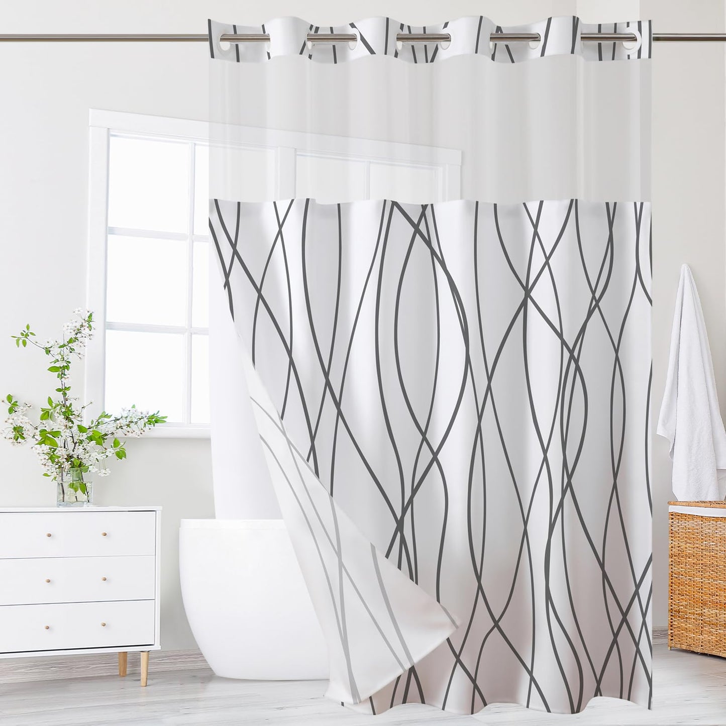 ECUCM Shower Curtain with Snap in Removable Liner for Bathroom Bathtubs, Shower Curtain Liner with 2 Magnets, Polyester Waterproof Fabric with See Through Mesh Top Window, (Grey White, 71" W X 74" H)