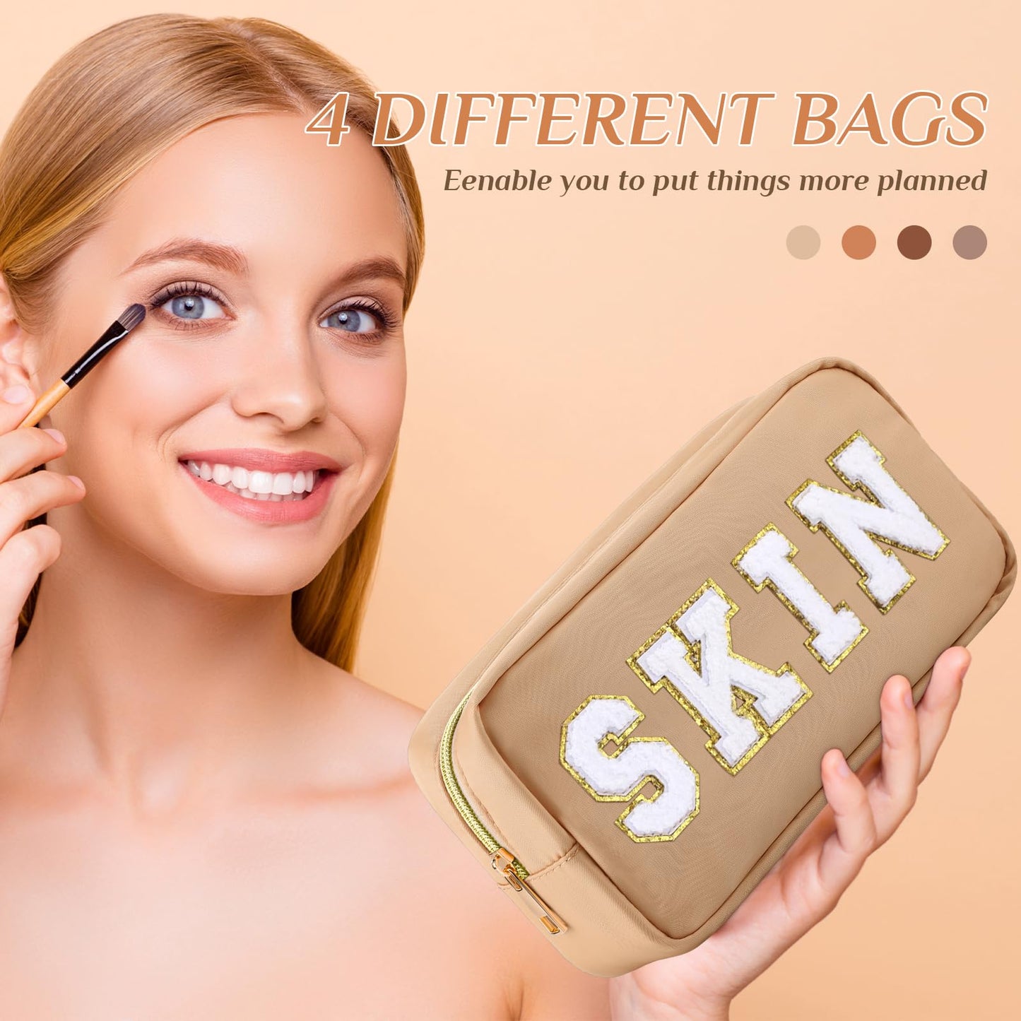 Remerry 4 PCS Nylon Cosmetic Bags Waterproof Spacious Travel Makeup Organizer for Women Chenille Letter Preppy Zipper Pouch Face Stuff Skin Hair Organizer Gift(Brown Series)