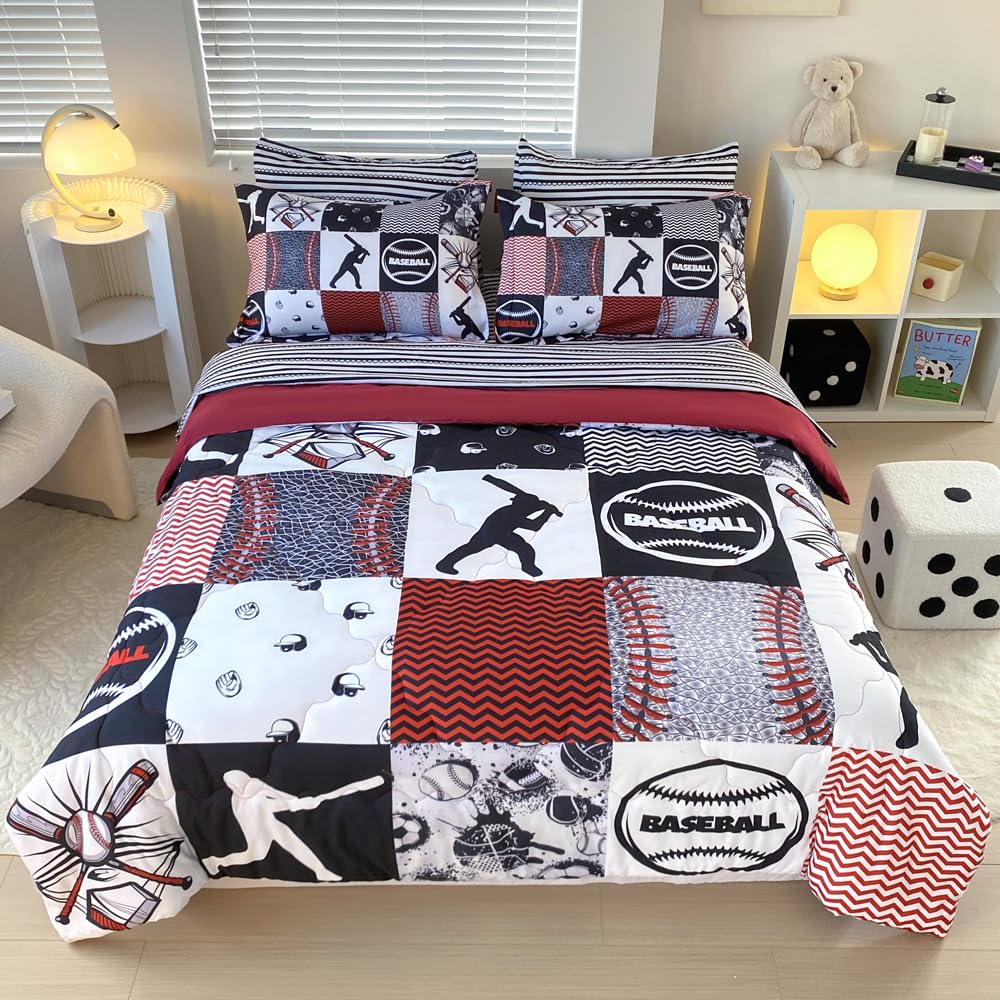 Gusuhome 7 Piece Baseball Comforter Set Bed in A Bag Full Size 3D Softball Sports Bedding Set for Boys Kids Microfiber Comforter All Season (1 Comforter, 1 Flat Sheet, 1 Fitted Sheet, 4 Pillowcase)
