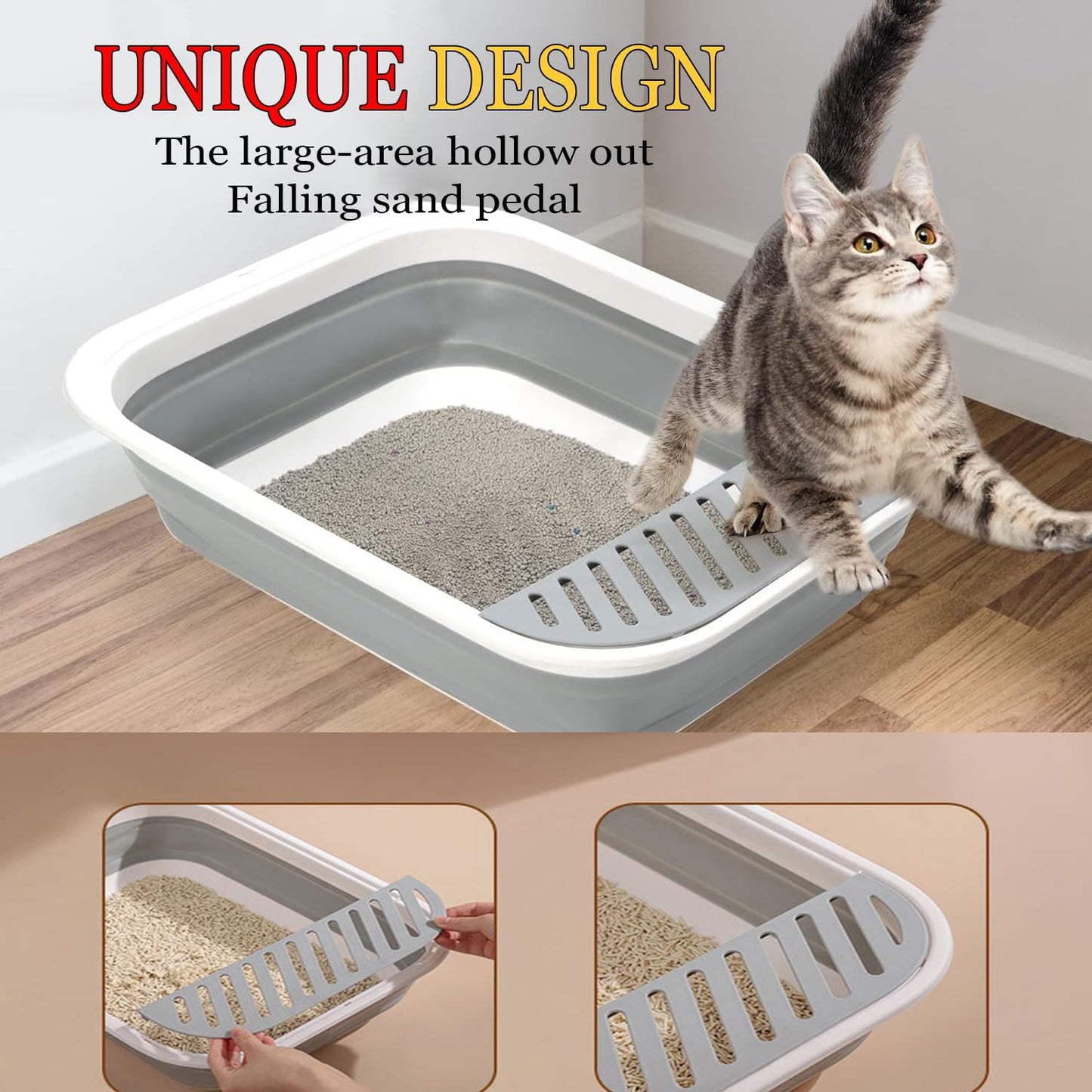 PMFRUG Open Cat Litter Box,Large Kitten Potty Pan Semi-Enclosed Foldable Travel Odorless Cat Toilet Low Entrance Standard Litterbox for Indoor Small Pet Kitty Rabbit Supplies Easy to Clean (Grey)