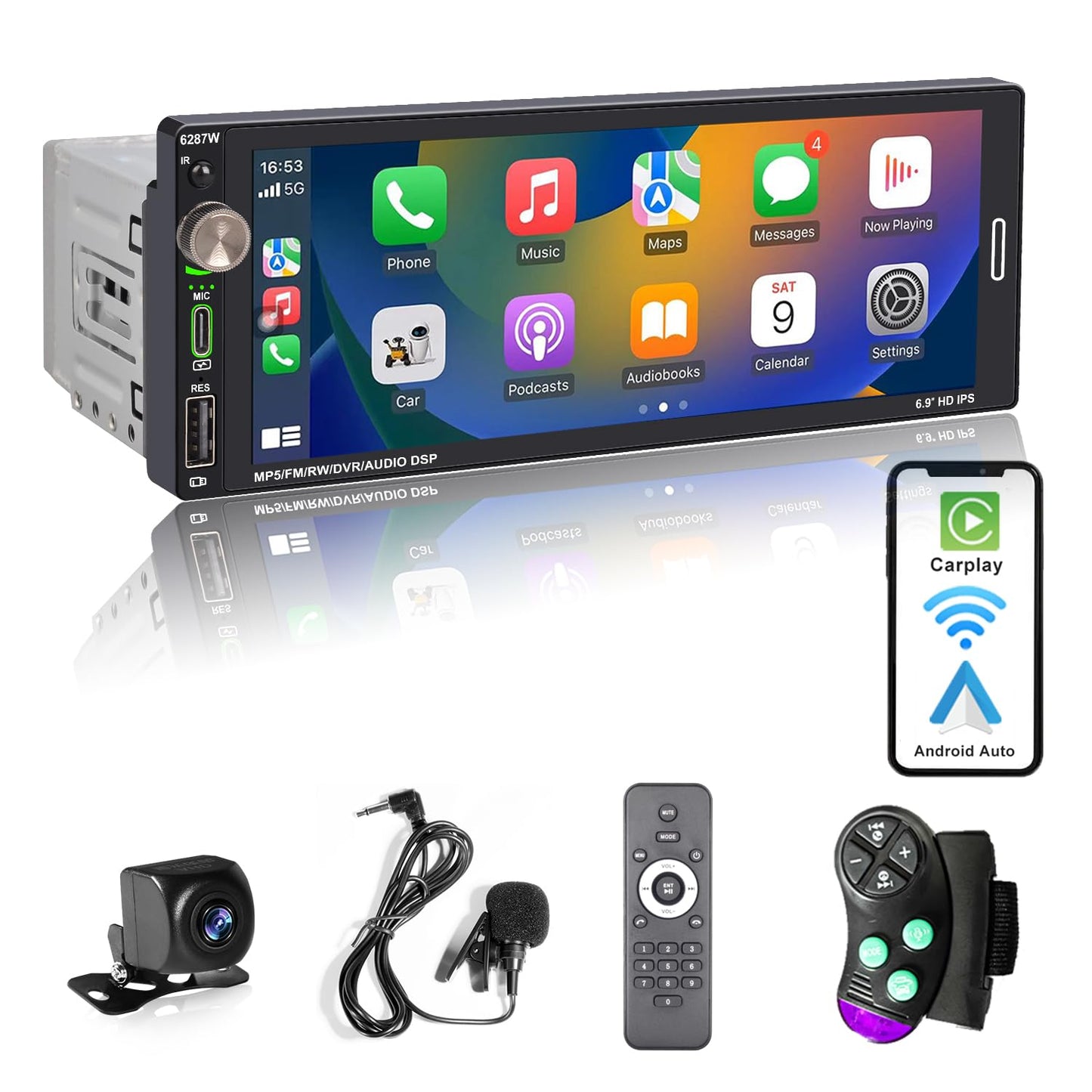 Alondy Single Din Car Stereo Touchscreen (6.9") Compatible with Apple CarPlay [Wireless] Android Auto Car Radio Bluetooth Type-C USB (2.1A Fast Charge) Backup Camera