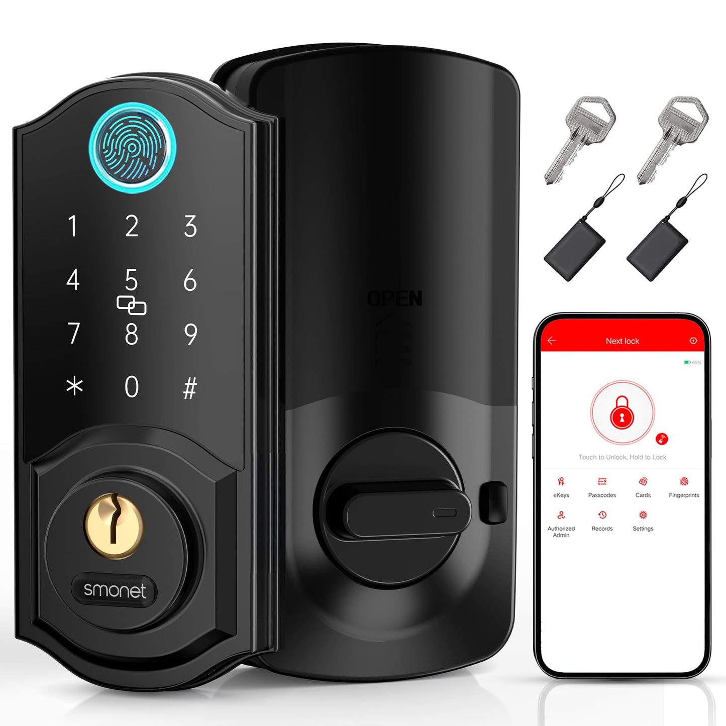 Smart Lock,SMONET Fingerprint Deadbolt Keyless Entry Door Lock with Electronic Bluetooth Digital Keypad Deadbolt for Front Door,Biometrics,Auto-Lock,Fob Keys,Passcode by APP Control for Home,Black