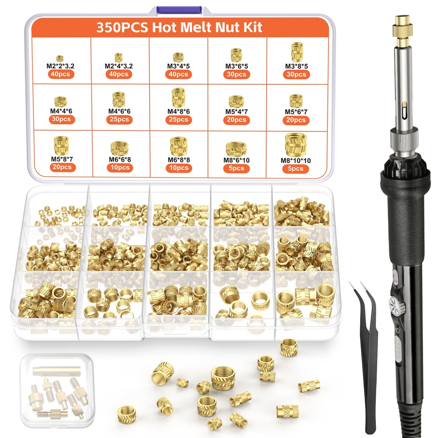 Preciva Heat-Set Insert Tip Set - Soldering Iron with 350Pcs Thread Inserts, 6Pcs Heat-Set Insert Tips (M2 M3 M4 M5 M6 M8), 2Pcs Soldering Tip Connecting Rods and 1Pc Tweezers