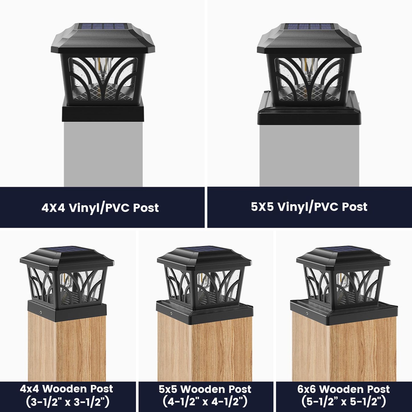 SIEDiNLAR Solar Post Cap Lights Outdoor, Aluminum Glass 2 Modes Fence Post Caps for 4x4 5x5 6x6 Vinyl Wooden Posts Fence Deck Patio Decor, Warm White/Cool White Lighting 2 Pack (Black)