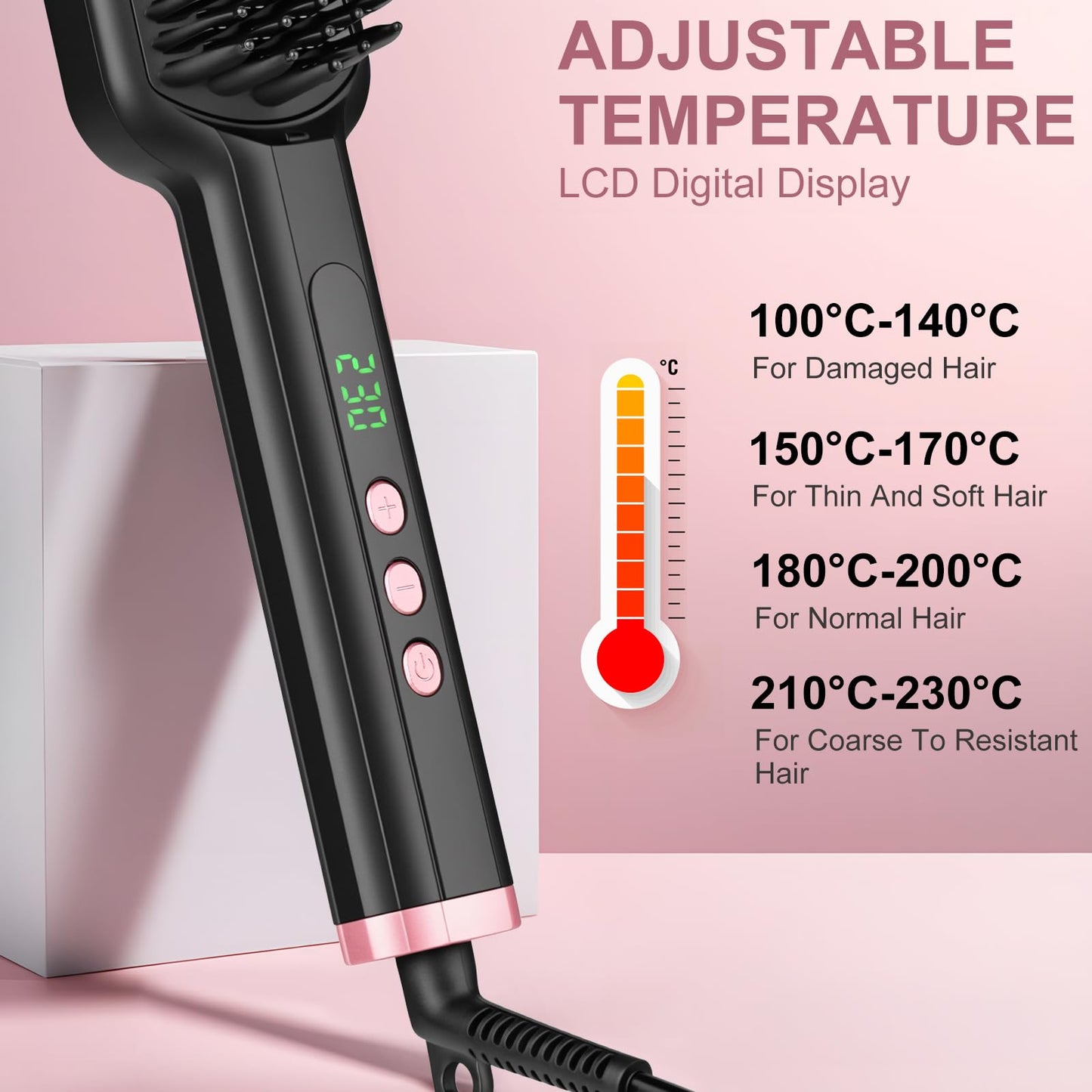 Hair Straightener Brush - SIQUER Ionic Hair Straightening Brush with 13 Temps LCD Display 45s Fast Heating 60mins Auto-Off Anti-Scald Ceramic Hair Straightener Comb for Home Salon, Black