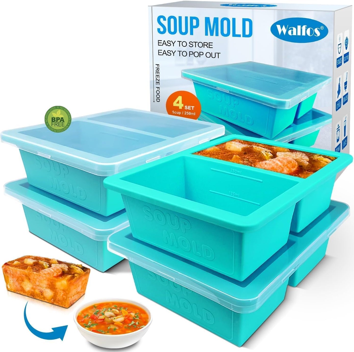 Walfos 1-Cup Silicone Freezer Molds with Lid, 4 Packs Soup Freezer Ice Cube Tray for Food, Silicone Food Freezing Container for Storing and Freezing Soup, Broth, Sauce and Ice.Aqua Color