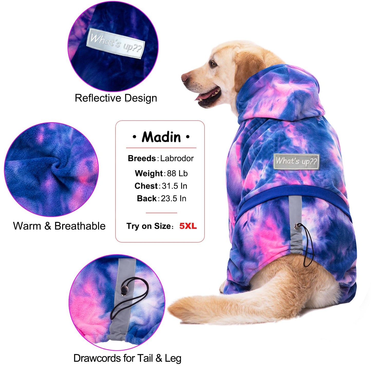 Dog Hoodies Winter Coat for Large Medium Dogs, Pullover Dog Warm Hooded Coat Fleece Sweatshirt Hoodie for Cold Weather (Tie-Dye Pink, 4X-Large)