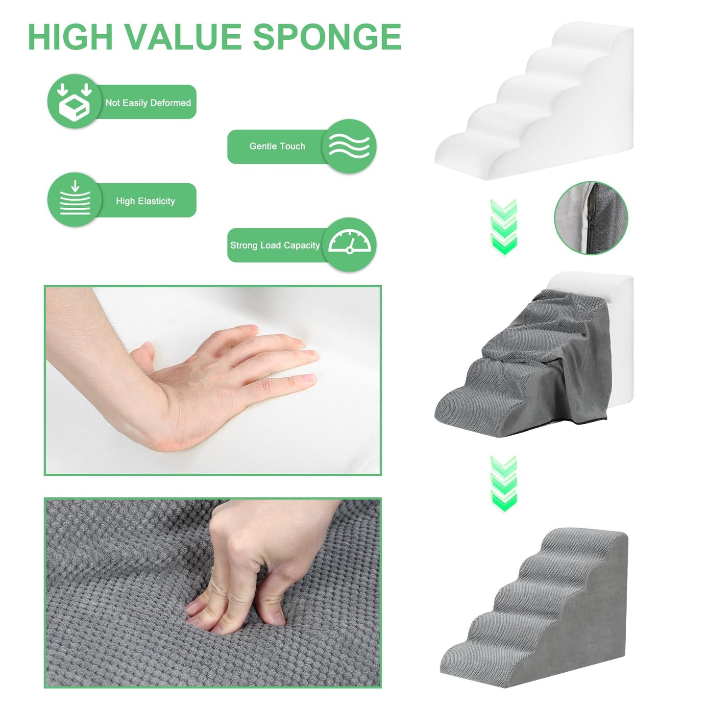 MOOACE 5 Steps Dog Stairs for Beds and Couches, Pet Stairs Rampwith High Density Expand Immediately Foam, Washable Cover and Pet Hair Remover Roller - Reduce Stress on Pet Joints/Easy to Walk