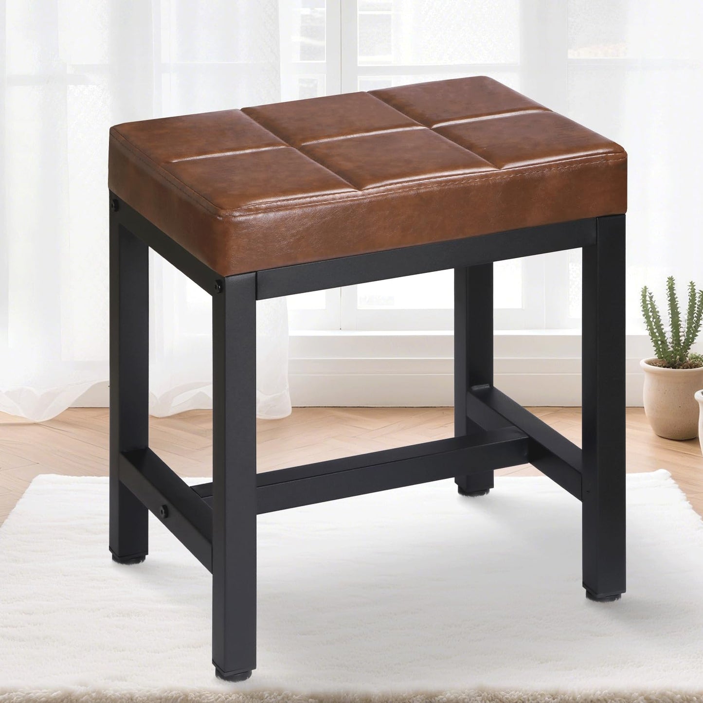 FLYZC Vanity Stool, Vanity Chair for Makeup Room, Square Faux Leather Small Ottoman Foot Stool with Metal Legs, Modern Makeup Chair for Bedroom, Living Room, Brown