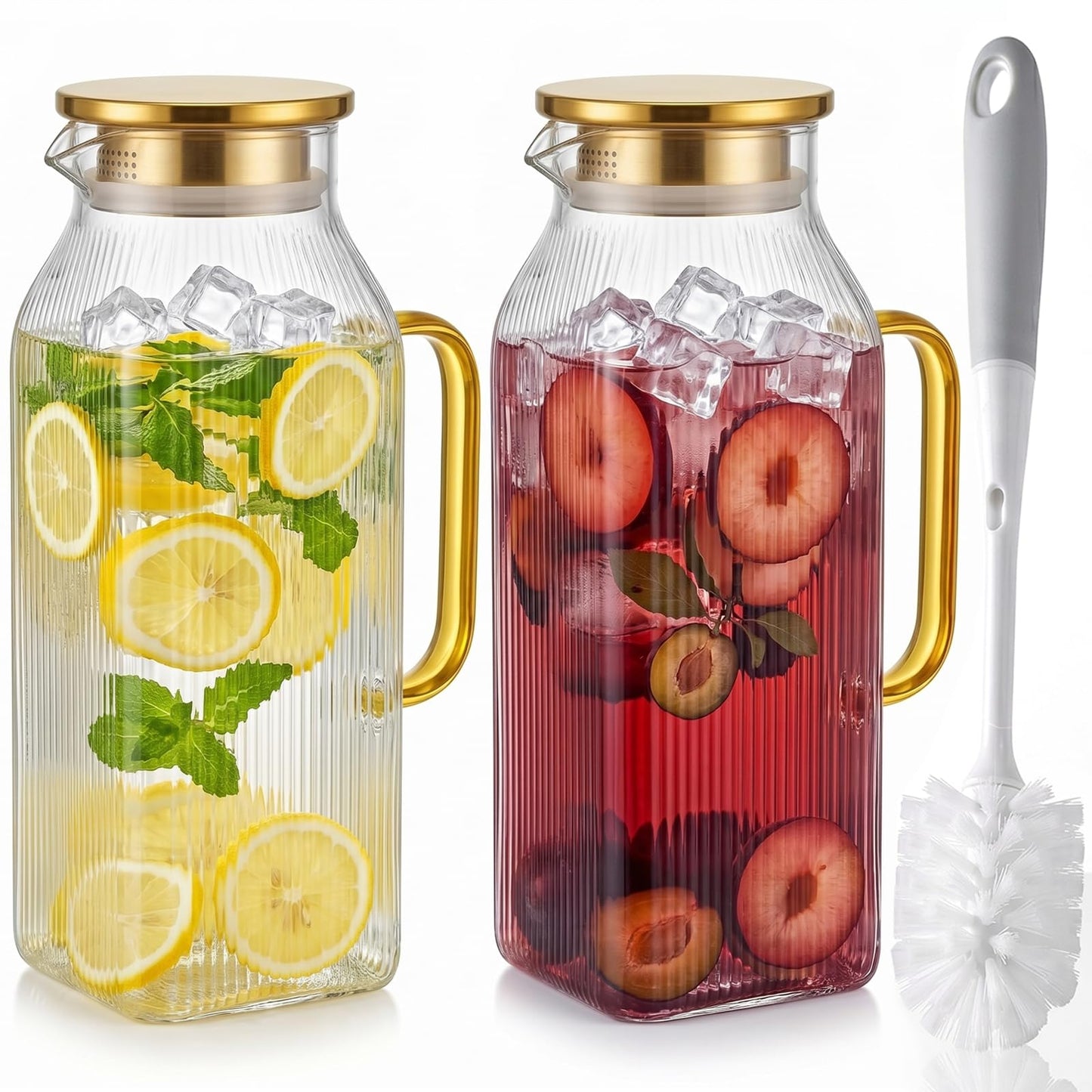 Doubleggs 2 Pack 2 Liter/68 oz Square Glass Pitcher with Lid, Classic Stripes Water Pitchers with Handle for Fridge, Borosilicate Glass Carafe for Iced Tea, Coffee, Hot and Cold Drinks