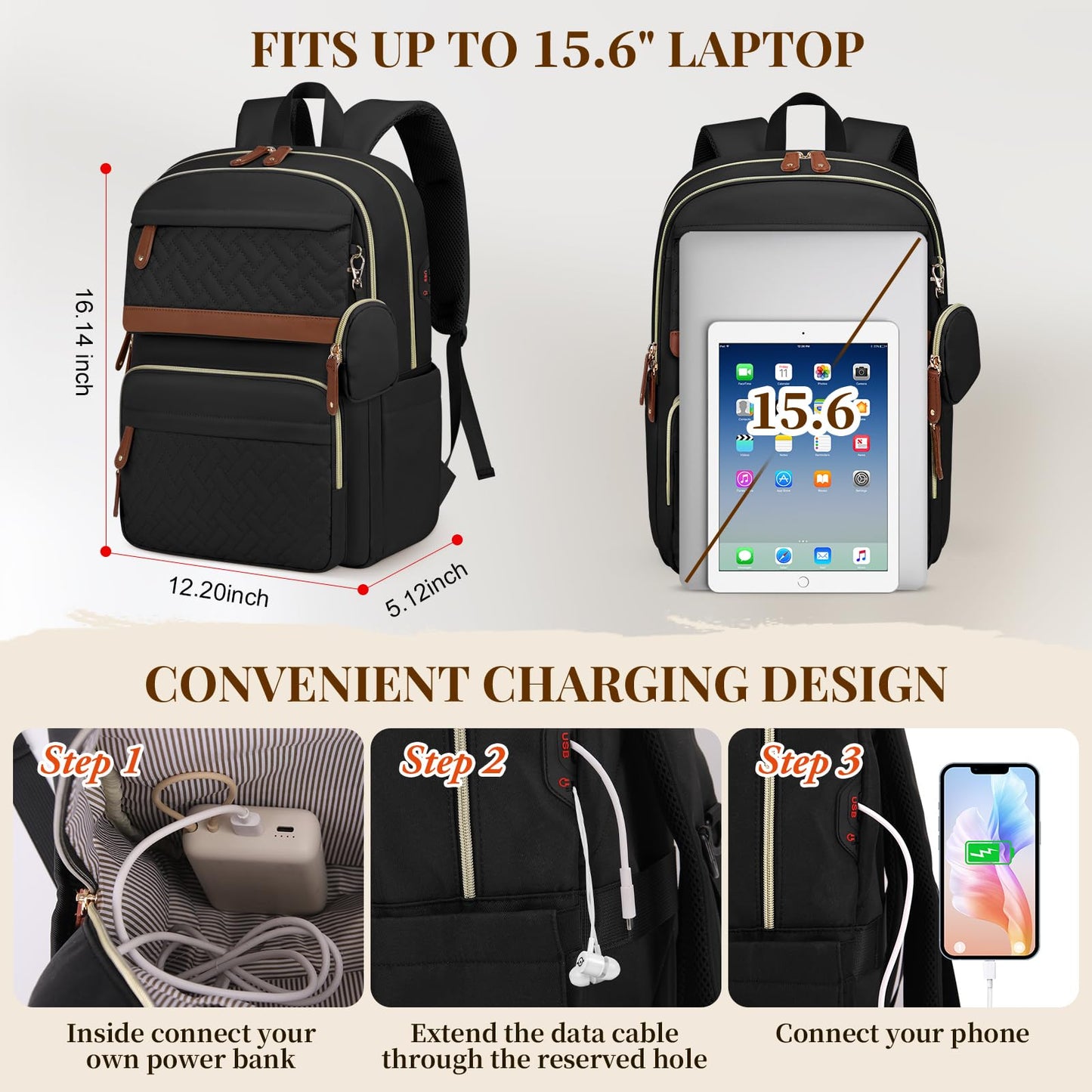 Laptop Backpack for Women 15.6 Inch Travel College Bookbag for Women Large Quilted Business Work Backpack for Women with Detachable Bag Stylish Lightweight Teacher Nurse Computer Bag for Office Casual