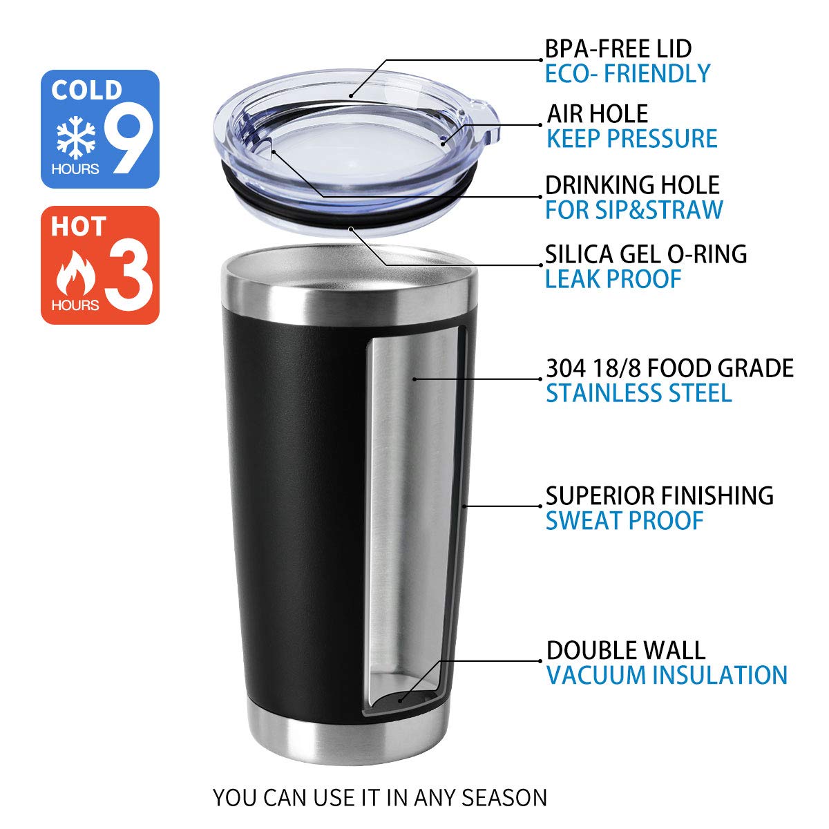 HASLE OUTFITTERS 20oz Tumblers Stainless Steel Mugs with Lid Double Wall Vacuum Insulated Coffee Cups for Cold & Hot Drinks (20oz-Black, 8 Pack)