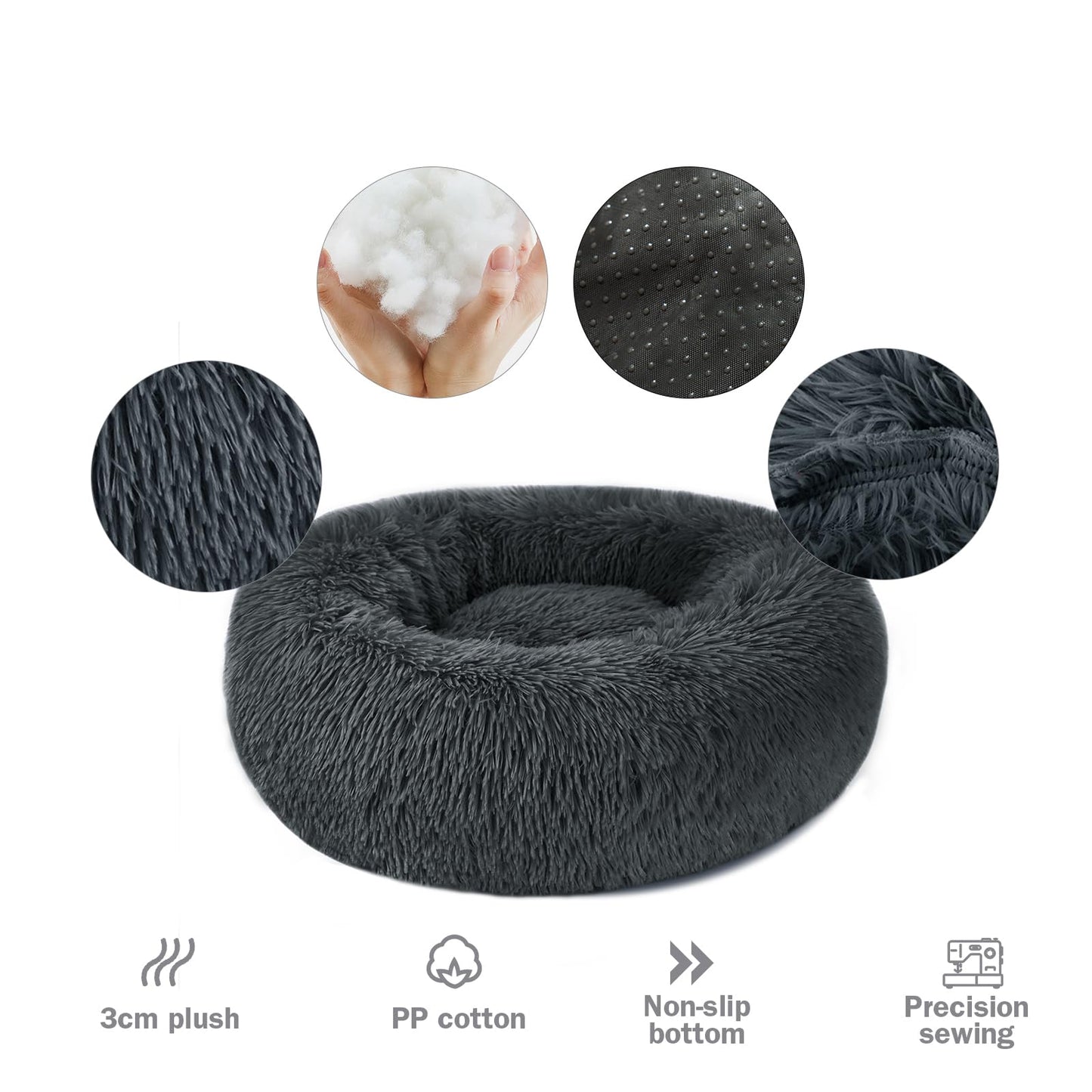 Calming Dog and Cat Bed Donut - 23.6'' Dog Bed Small, Fluffy Cat Anti Anxiety Beds for Indoor Cats, Washable Pet Bed with Non-Skid Bottom for Dogs and Cats, Dark Grey L(23.6in/60cm)