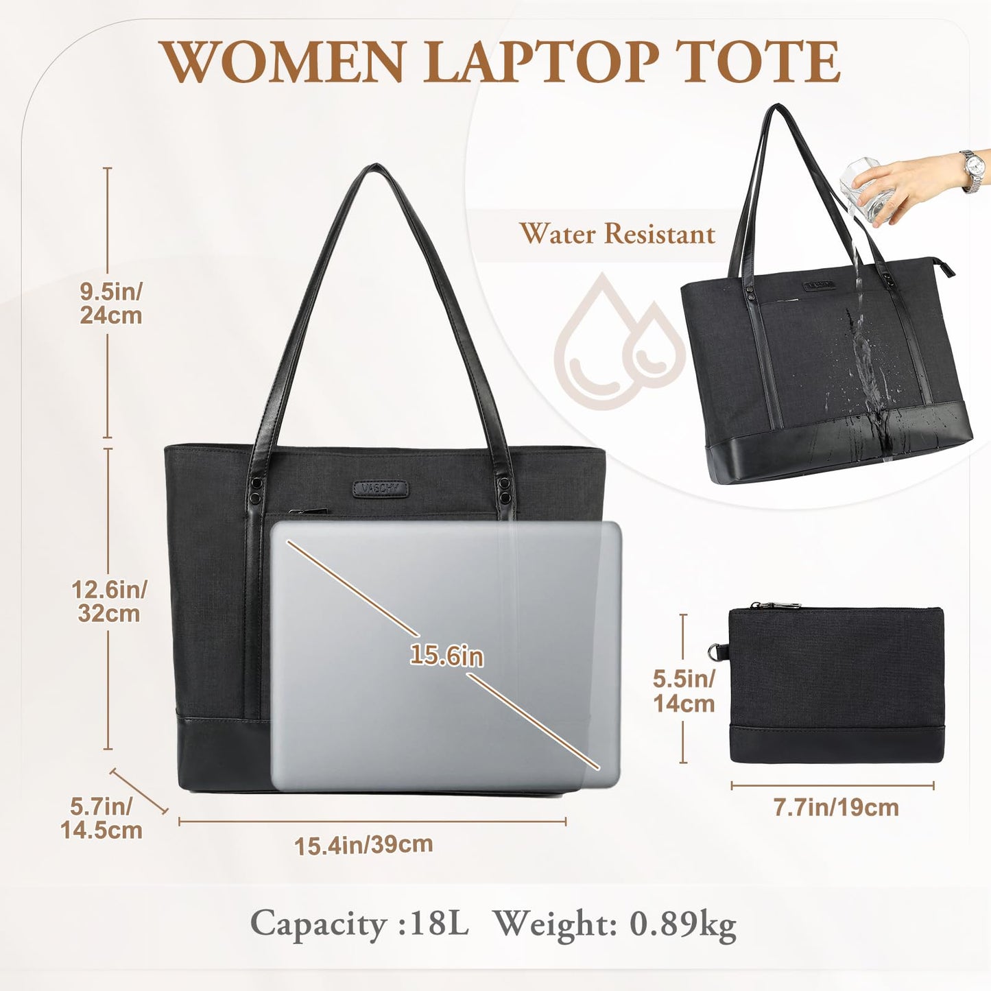 Laptop Tote Bag for Women, Vaschy 15.6 inch Large Work Tote Water Resistant Office Computer Bag Professional Women Handbag Shoulder Bag for Business Travel Teacher College Black