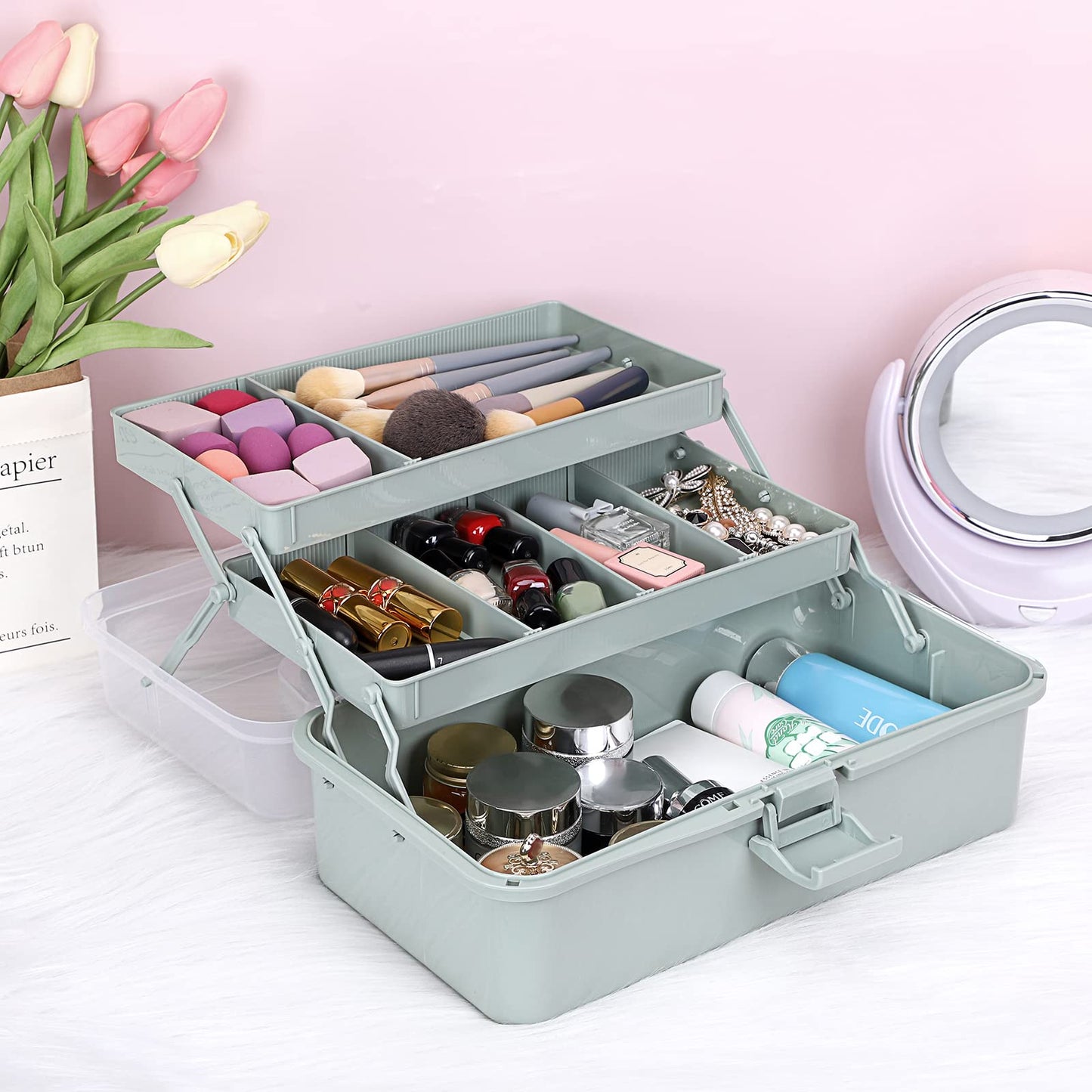 JuxYes Three Layer Multipurpose Storage Box, 3-Layer Art Craft Storage Container Clear Plastic Folding Tool Box Art Crafts Case Sewing Supplies Organizer with 2 Tray, Green