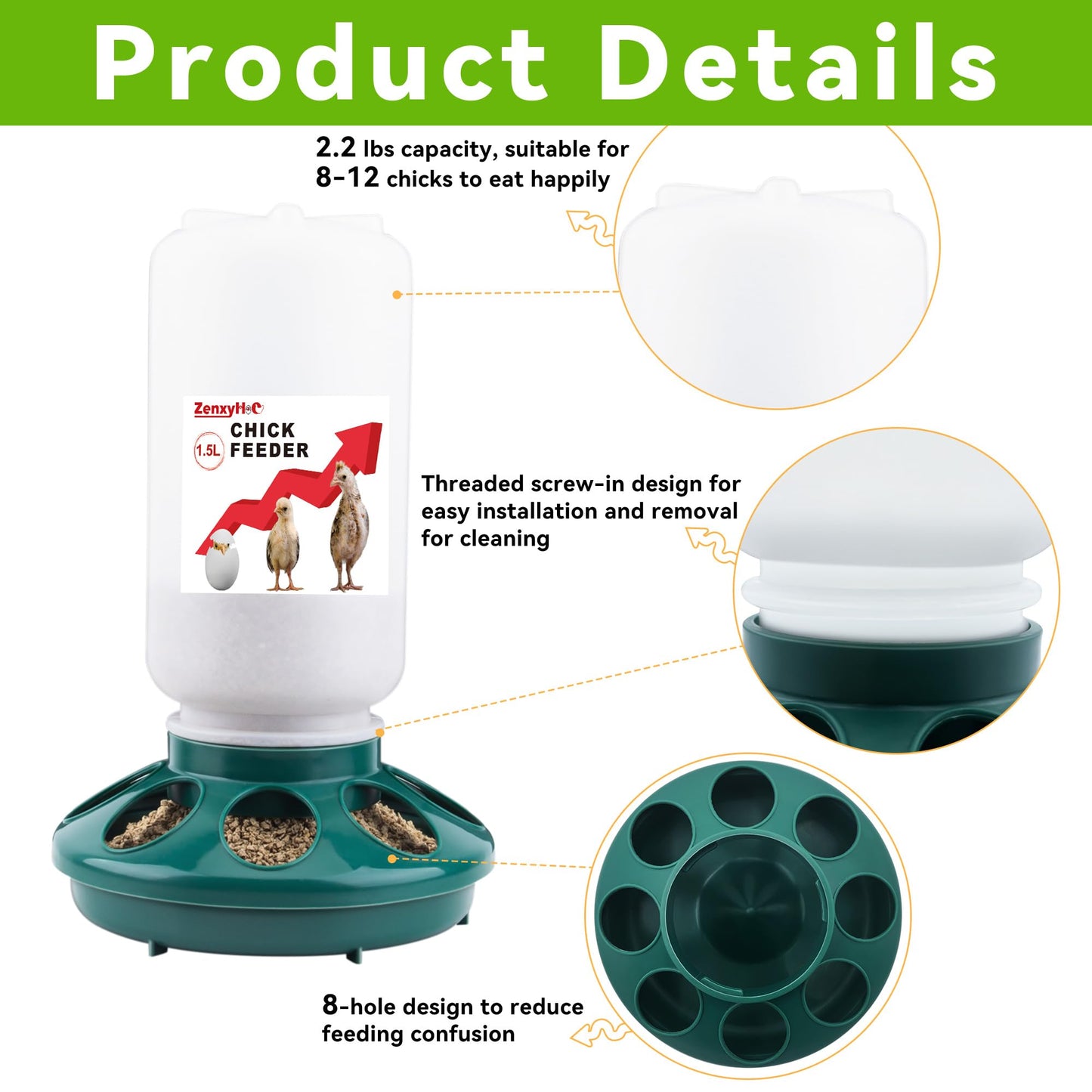 ZenxyHoC Chick Feeder and Waterer Set, 1L Feeder and 1.5L Waterer with 3 Adjustable Heights for Baby Chicken Duck Brooder