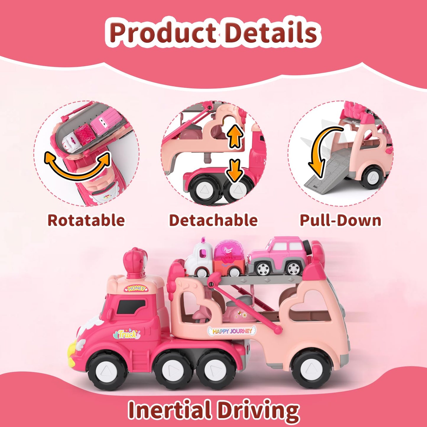 Toddler Girl Truck Car Toys for 1 2 3 Year Old Girl Birthday Gifts, 7-in-1 Pink Princess Transport Carrier Trucks for Toddlers 1-3, Friction Power Toy Cars with Lights & Music, My Daughter First Gift