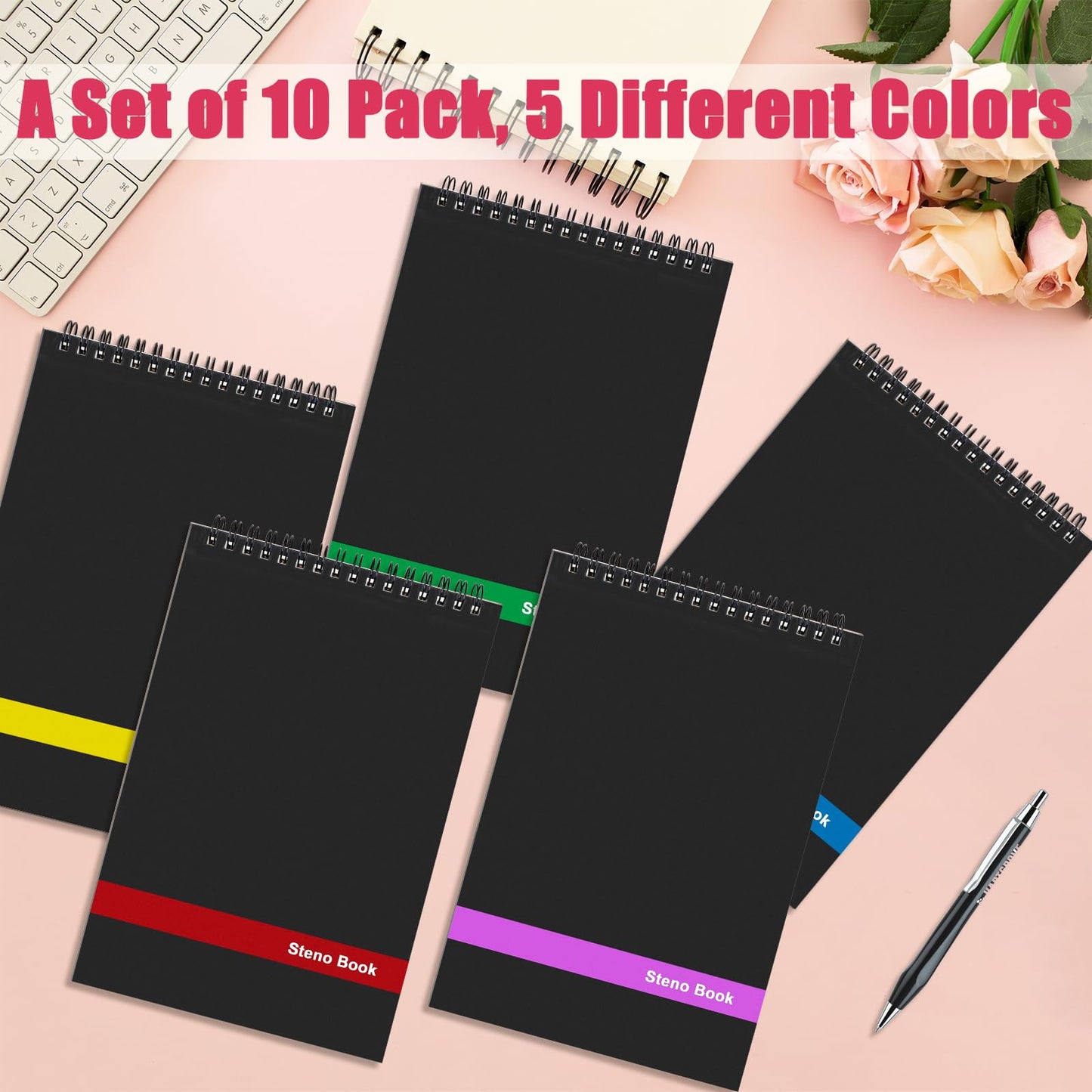 10 Pack Top Spiral Notebooks, 6" x 9" Mini Spiral Steno Pads White Paper Gregg Rule, 80 Sheets Steno Notebooks with Black Covers for School, University, College, Office, Home