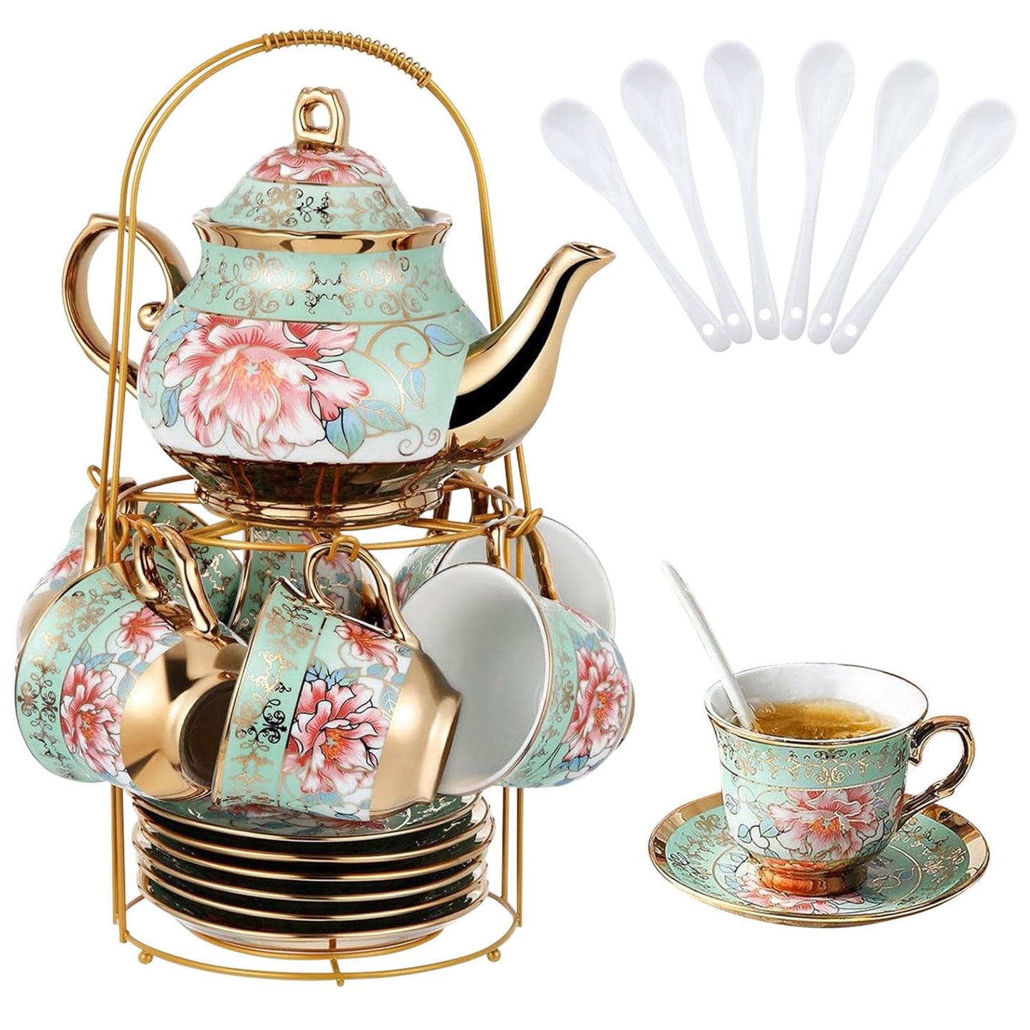 20 Pcs Porcelain Tea Set with Metal Holder, Adult Tea Sets Gift, European Ceramic Tea Set for Adults, Flower Tea Cup Saucer Set for Party with Gold Flower Painting (Fresh Green)