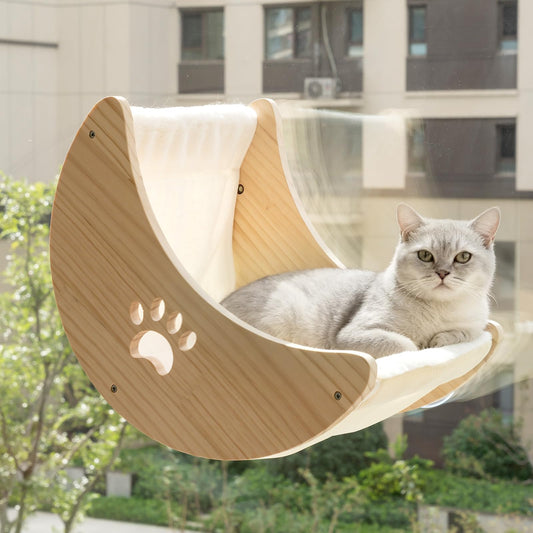 Cat Window Perch Cat Window Hammock Bed Wooden Moon Cat Shelves Mounted Strong Suction Cup Shelvesfor Sleep Watch Birds Sunbathing Holds 50 Pounds Comes with Warm Spacious Pet Bed