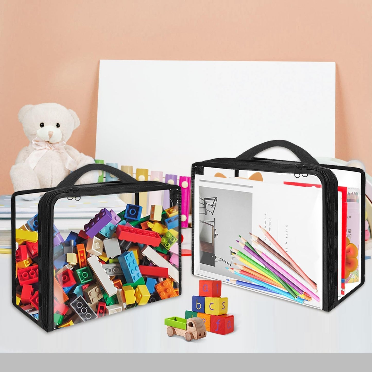 10 Pack Clear PVC Organizing Bags with Zippered Closure,11.8"×9.8"×3.9" Toy Storage Bags, Waterproof Organizer Bags for Board Games, Building Blocks, Clay,XL