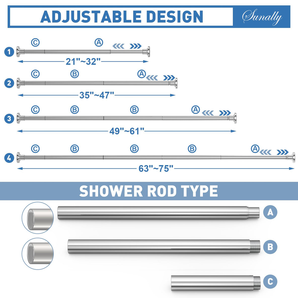 SUNALLY Shower Curtain Rod Adjustable 32-75 Inch, Spring Tension Shower Pole Rods Extendable Stainless Steel Telescoping Curtain Rod for Bathroom Windows Closet, No Drilling, No Slip, No Rust, Chrome
