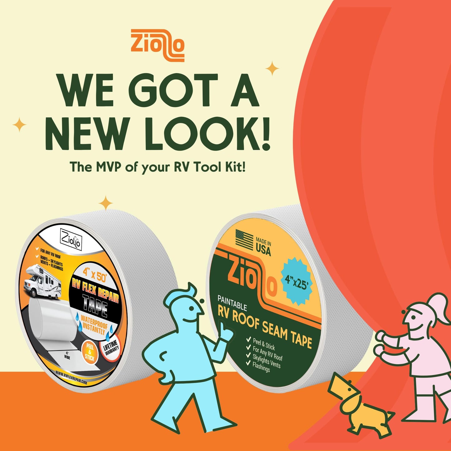 Ziollo Paintable RV Roof Seam Tape with Roller - 4" x25' Leak Repair Tape for EPDM, TPO & Fiberglass - Compatible with All Silicone & Acrylic Roof Coatings