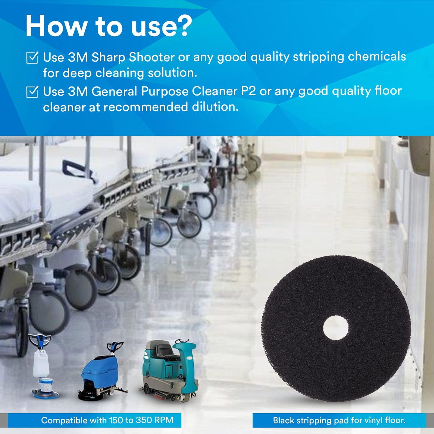 3M Floor Stripping Pad - 17 inch - Black 7200 - 5 Pads per case - Commerical Stripper