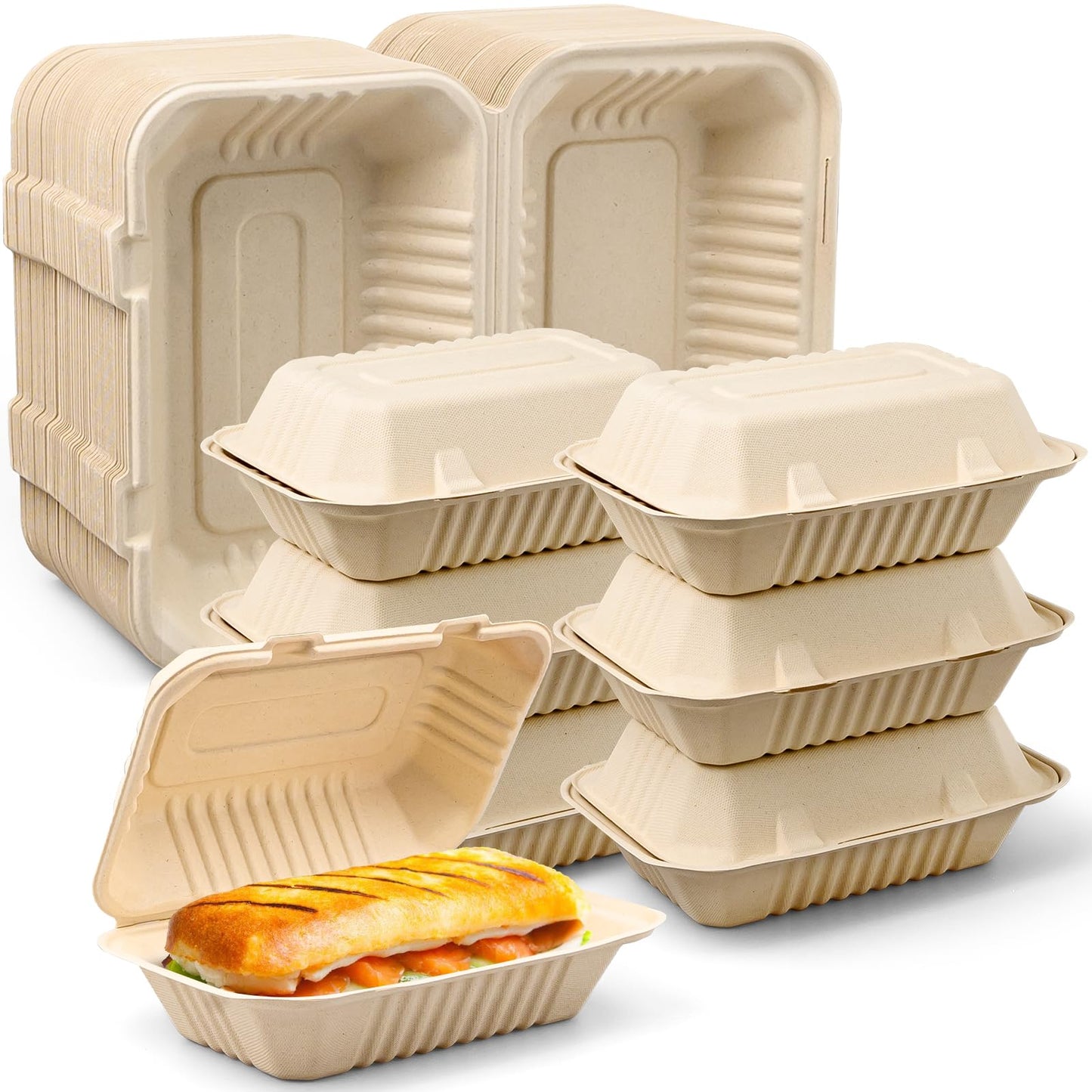 9 x 6 Clamshell Take Out Food Containers - 75 Pack Disposable To Go Containers, Compostable & Biodegradable Made of Sugar Cane Fibers