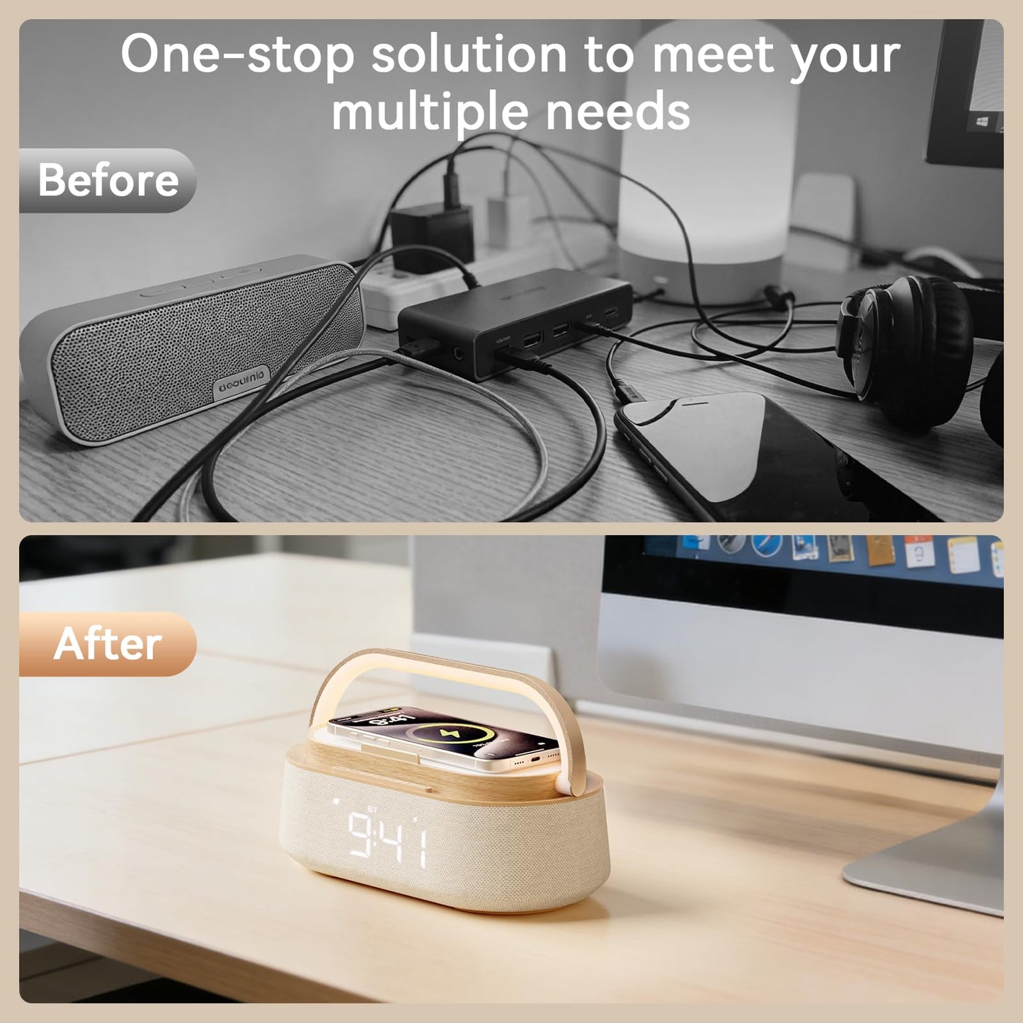 FREEFISH 6-in-1 Alarm Clock with Bluetooth Speaker, Wireless Charging, FM Radio, Night Light, Phone Holder, Digital Clock, 15W Fast Charger for iPhone 16/15/14/13 Samsung, Bedroom Office Gift (Wood)