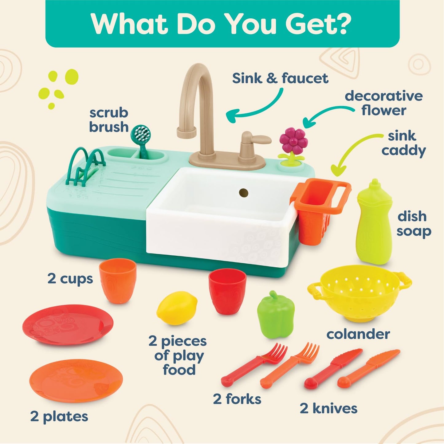 B. toys – Sink Play Set – Toy Kitchen Sink – Faucet & Running Water, Dishes, Play Food – Pretend Play Set for Kids – 3+ Years– Splash – n – Scrub Sink