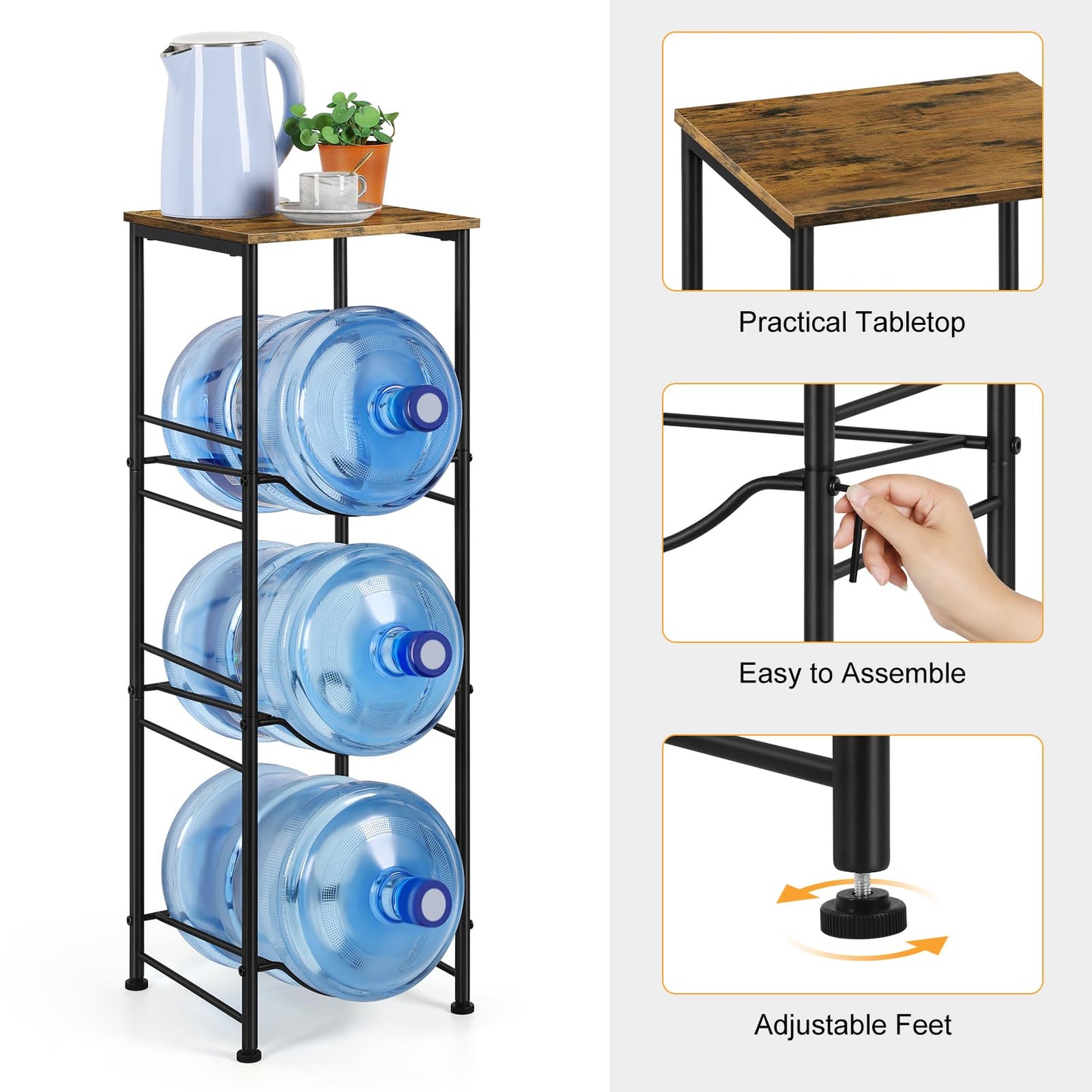 5 Gallon Water Bottle Jug Holder 3-Tier Water Bottle Holder Organizer with Top Shelf, Heavy Duty Water Dispenser Stand Rack for Kitchen Living Room Office, Rustic Brown