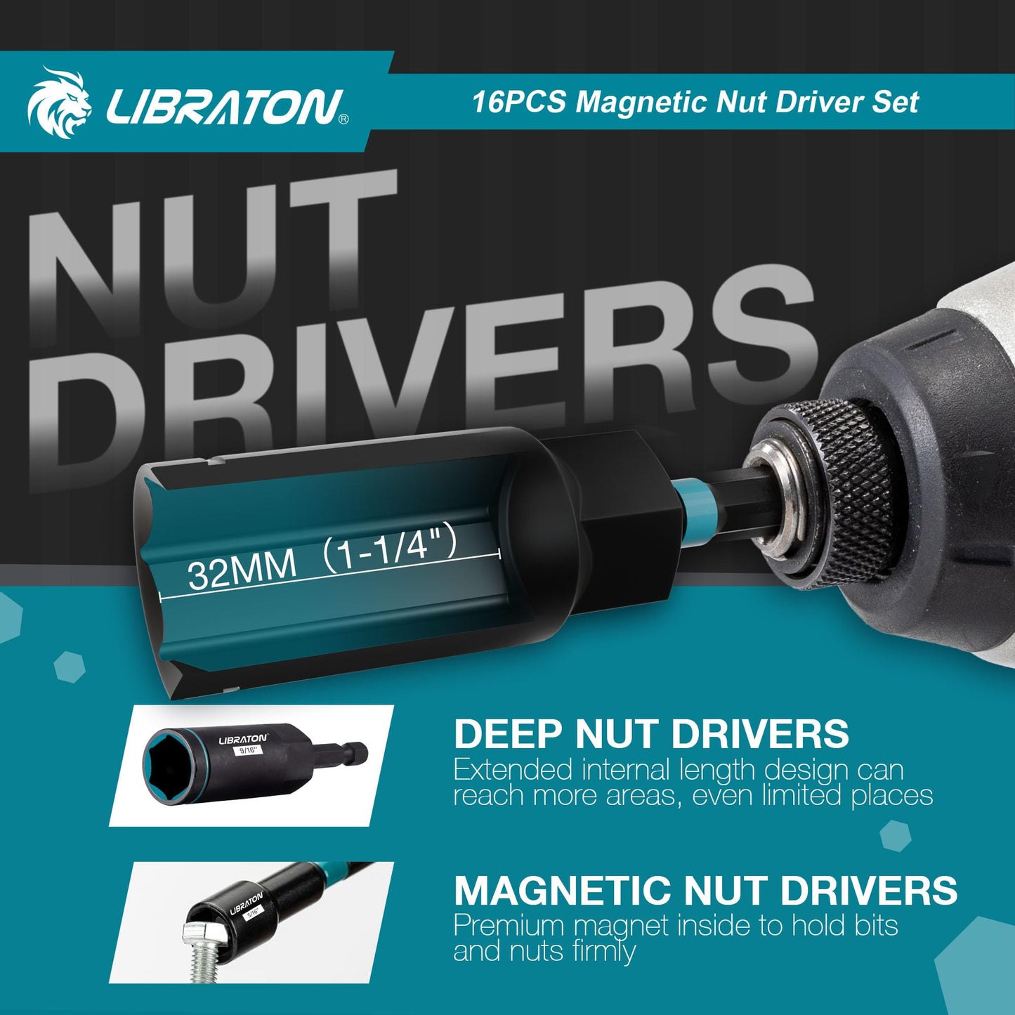 LIBRATON Magnetic Nut Driver Set, 16PCs Impact Driver Bit Set, Deep Nut Driver Set, SAE Nut Driver for Impact Drill, 1/4"-9/16" Nut Drivers and 1/4"-4/3" Deep Nut Drivers, with Toolbox for Car Repairs