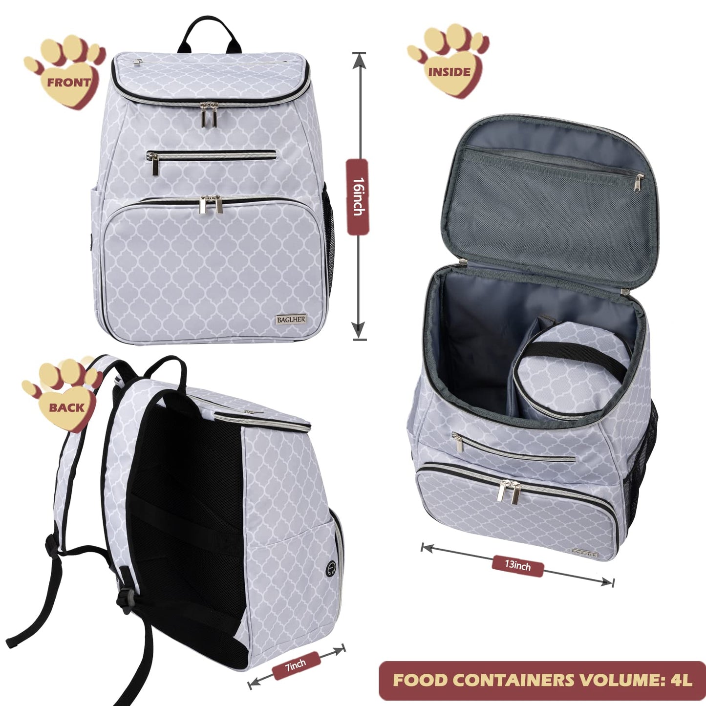 BAGLHER Dog Travel Bag Backpack, Airline Approved Pet Supplies Backpack, Dog Travel Backpack with 2 Silicone Collapsible Bowls and 2 Food Baskets DLWhite