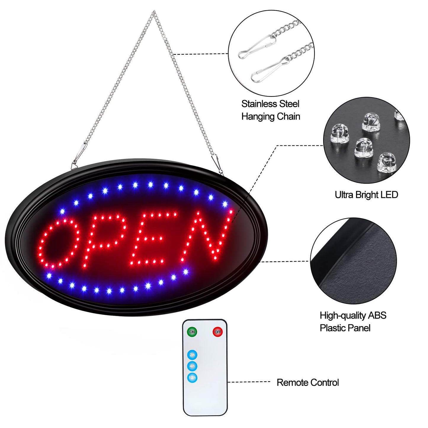 FITNATE LED Open Sign, 19x10inches (Update Version), Red, Blue, Plastic, Wall Mount, LED, Attention-Grabbing, Open/Closed Indication