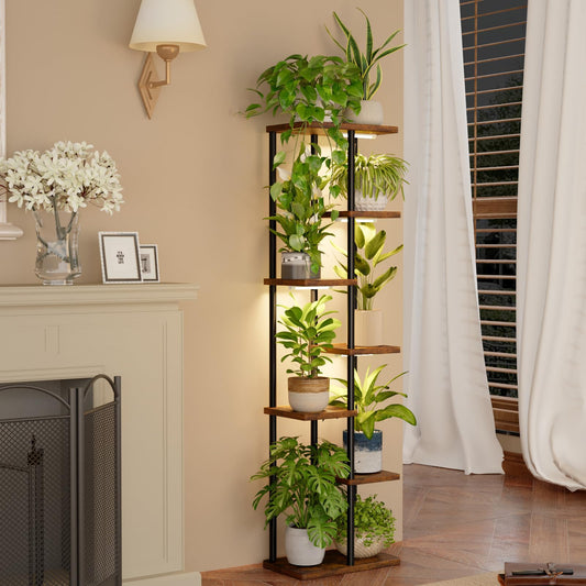 Bamworld Plant Stand with Grow Light for Indoor Plants Corner 7 Tier Metal Plant Shelf Wood Flower Stand for Home Living Room Decor Patio Decor