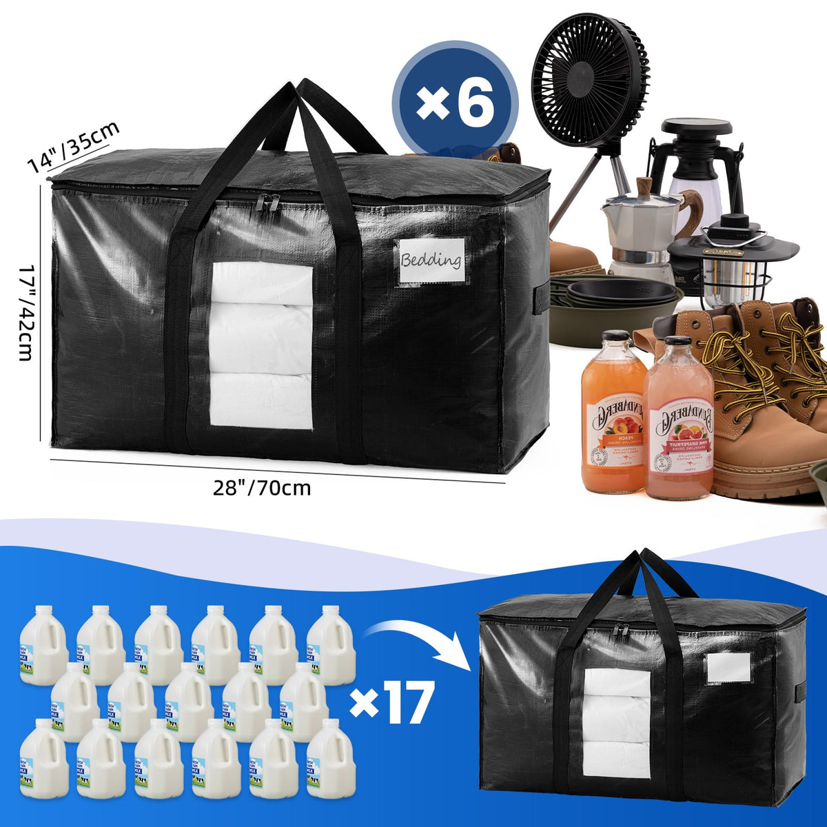 TAILI Extra Large Moving Bags, Heavy Duty Totes for Storage with Visible Window, U-Shaped Around Handles, Storage Contrainer Box for Space Saving, Black, 6 Pack